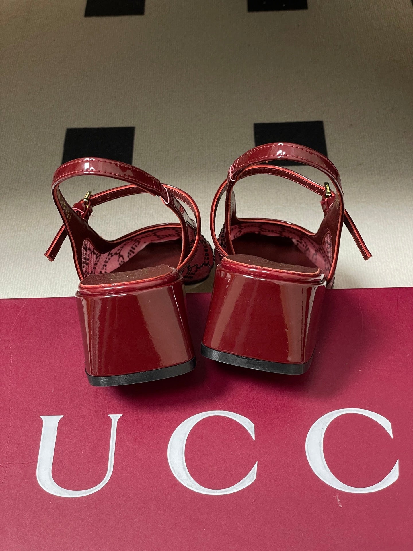 GG 26ss Crystal Rhinestone Mary Jane Red Mesh Fabric 593509