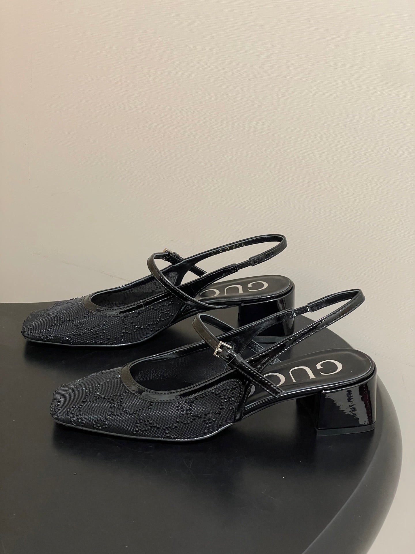 GG 26ss Crystal Rhinestone Mary Jane Black Mesh Fabric 593511