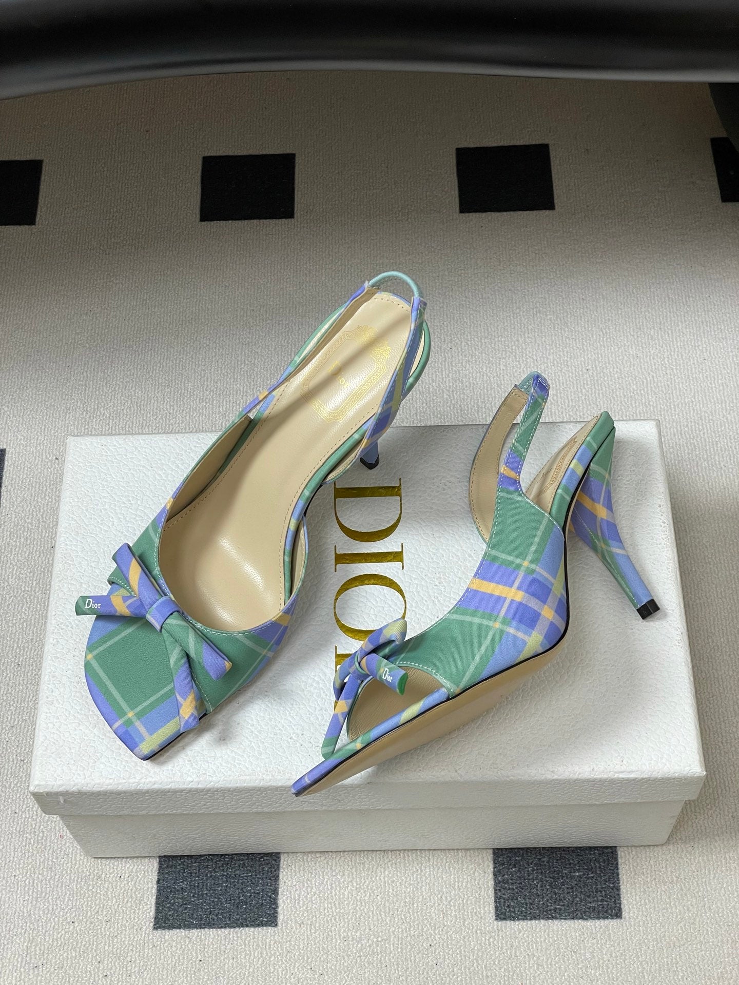CD 26 Slingback 85 Green Blue Leather Silk Fabric 593601