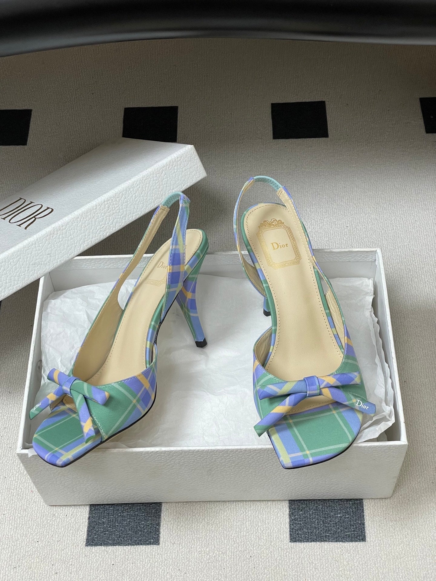 CD 26 Slingback 85 Green Blue Leather Silk Fabric 593601