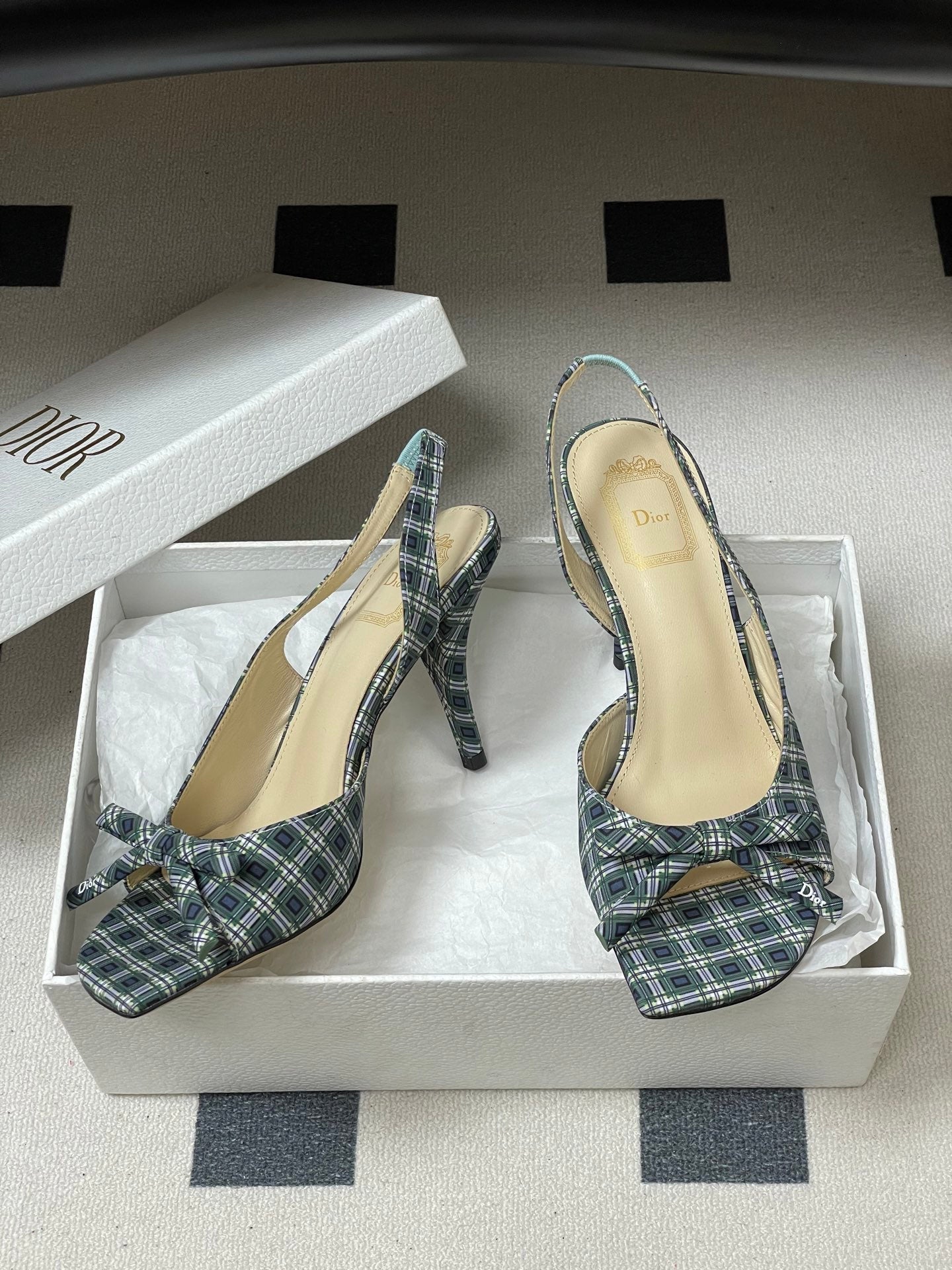 CD 26 Slingback 85 Black Green Blue Leather Silk Fabric 593602