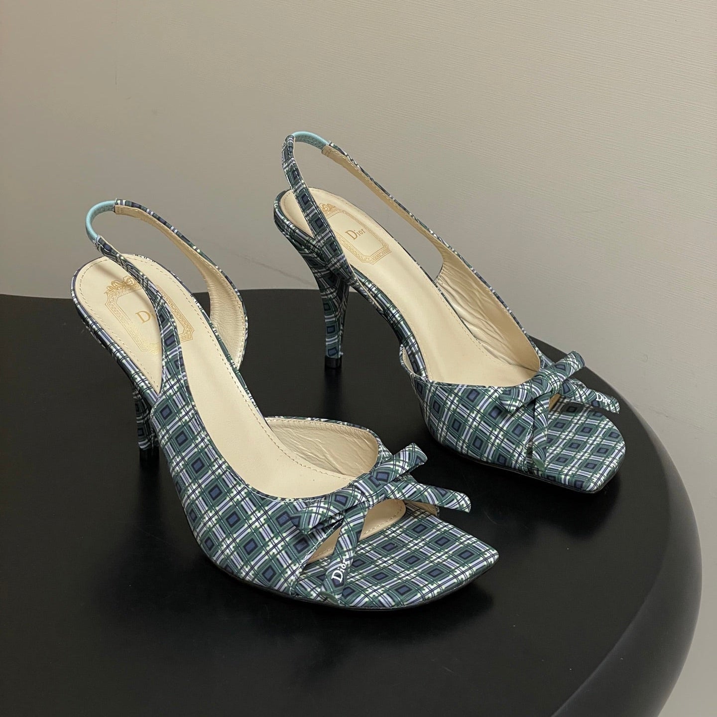 CD 26 Slingback 85 Black Green Blue Leather Silk Fabric 593602