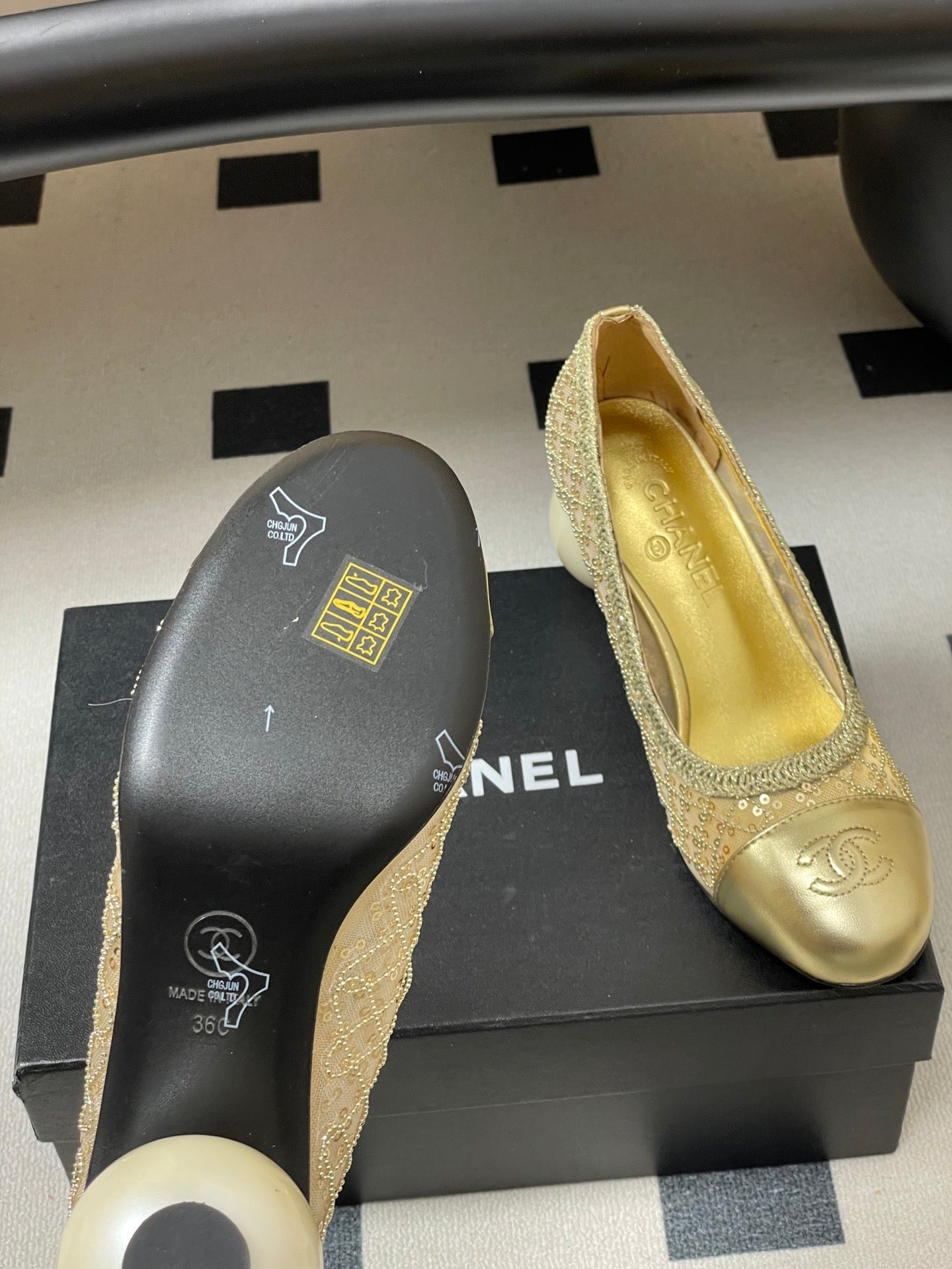 CC 26 Beaded Sequin Pump With Double C Pearl Heel Gold Mesh Leather 593159