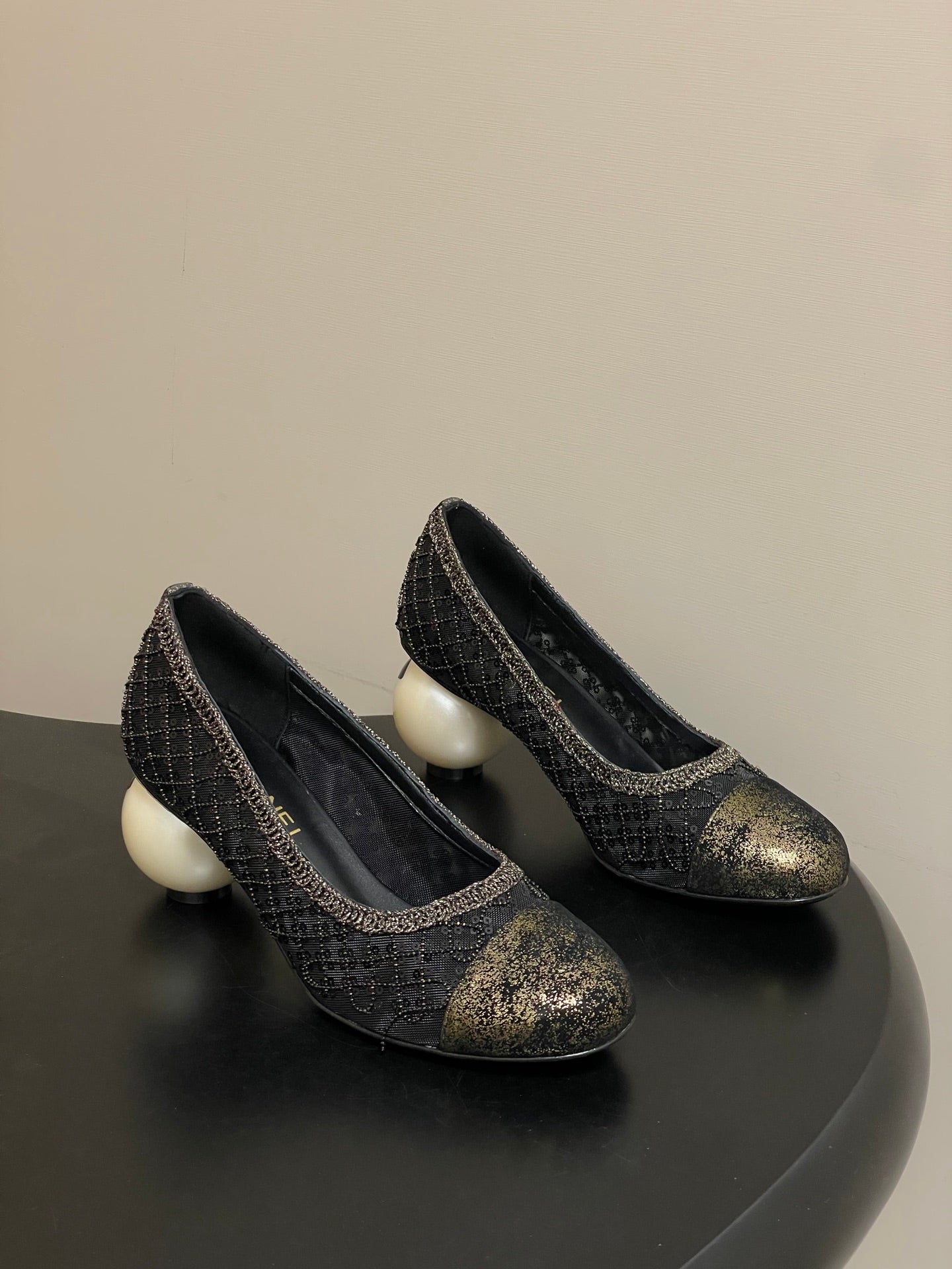 CC 26 Beaded Sequin Pump With Double C Pearl Heel Black Mesh Leather