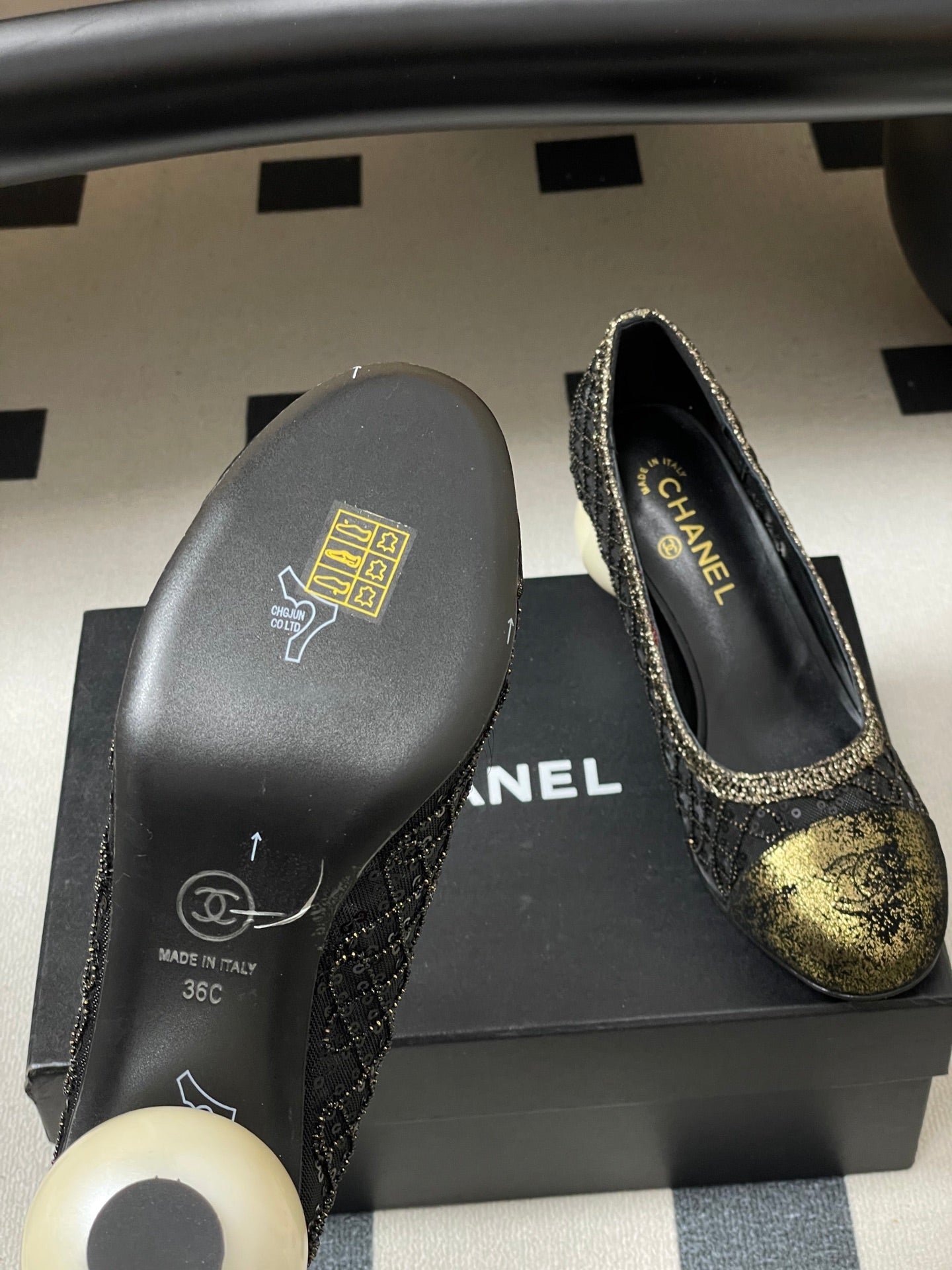 CC 26 Beaded Sequin Pump With Double C Pearl Heel Black Mesh Leather