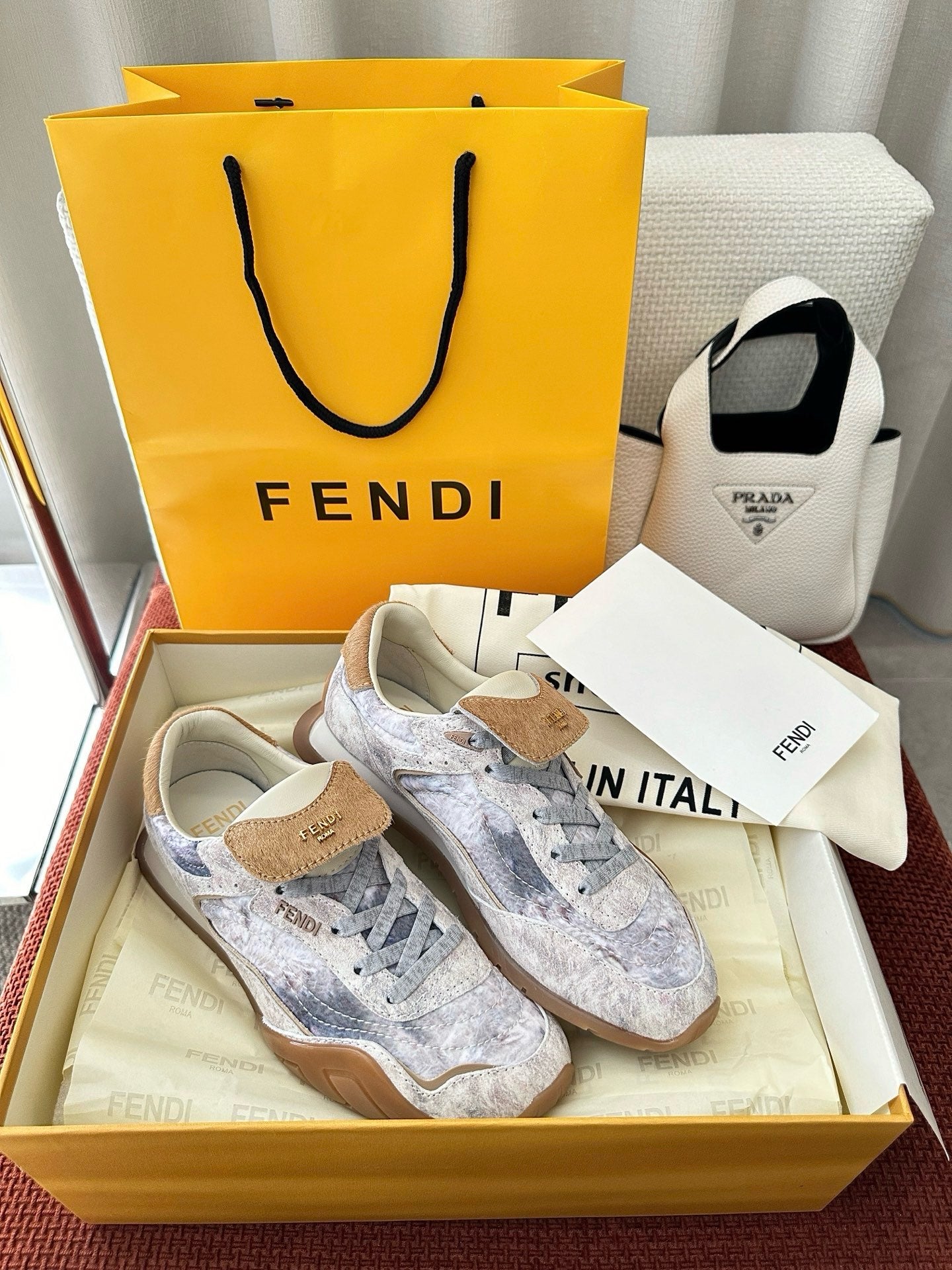 Fendi 2025 Wave Pulse Sneaker White Gray Brown Suede Cowhide 562138