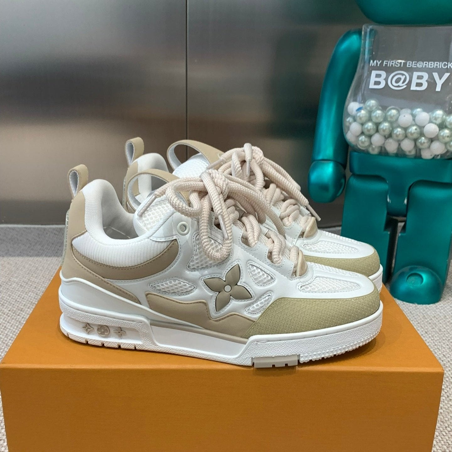 LV Skate Sneaker White Mix Beige Mesh Fabric