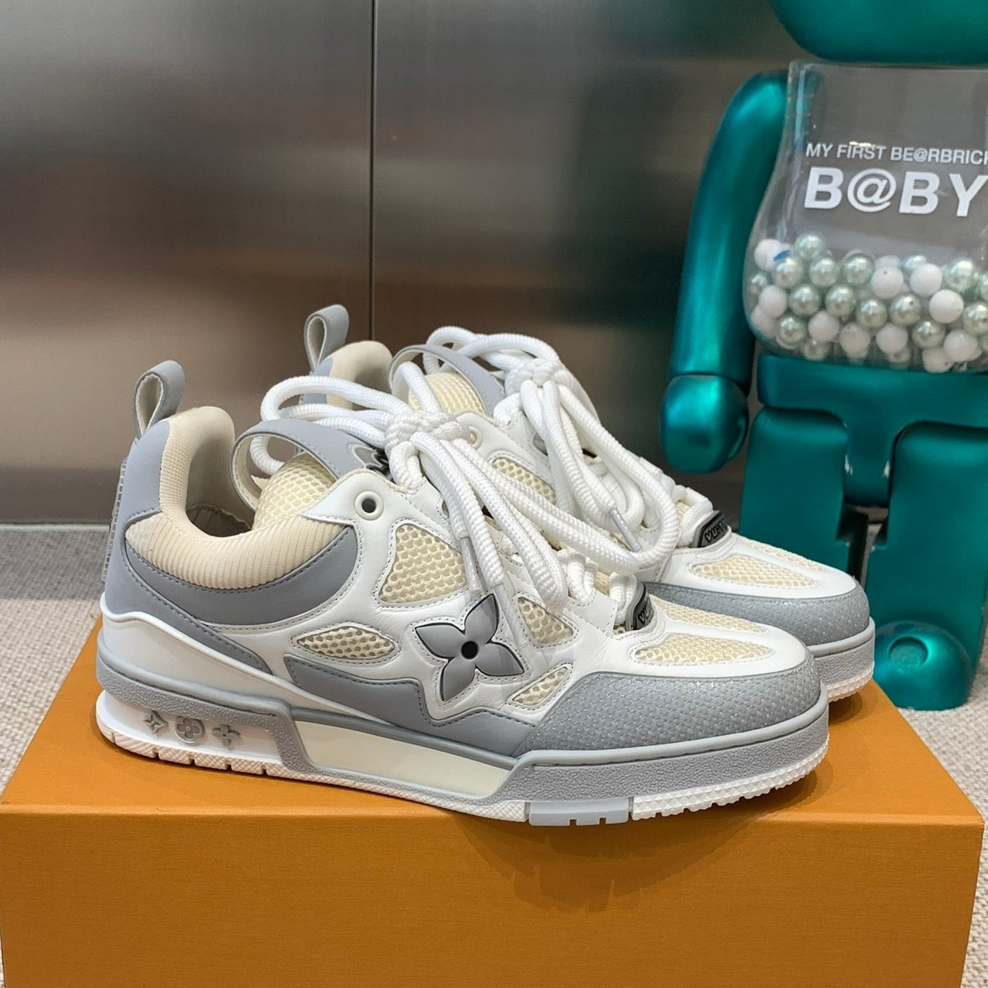 LV Skate Sneaker Gray Mix White Beige Cowhide