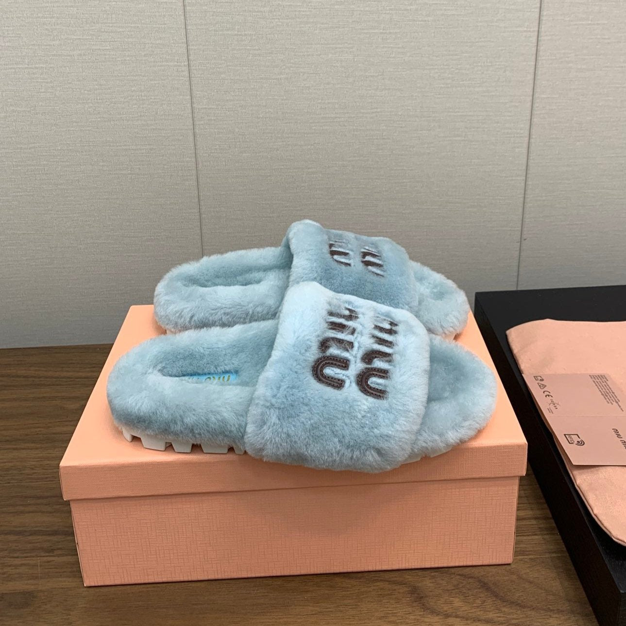 Miu Slippers Light Blue Pure Wool