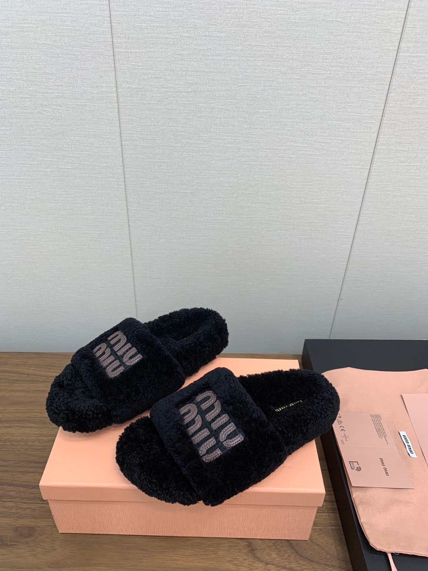 Miu Slippers Black With Brown Text Pure Wool