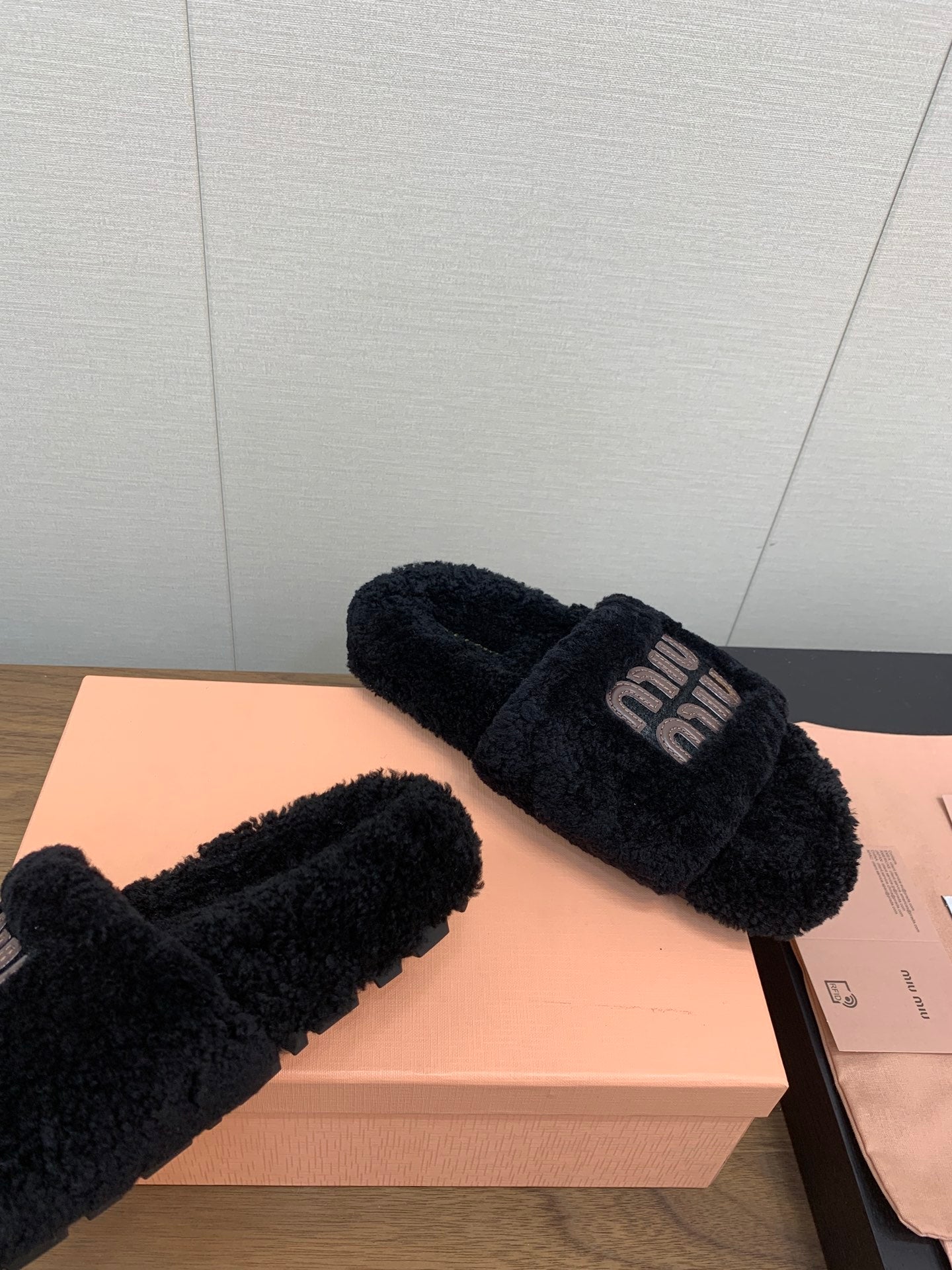 Miu Slippers Black With Brown Text Pure Wool