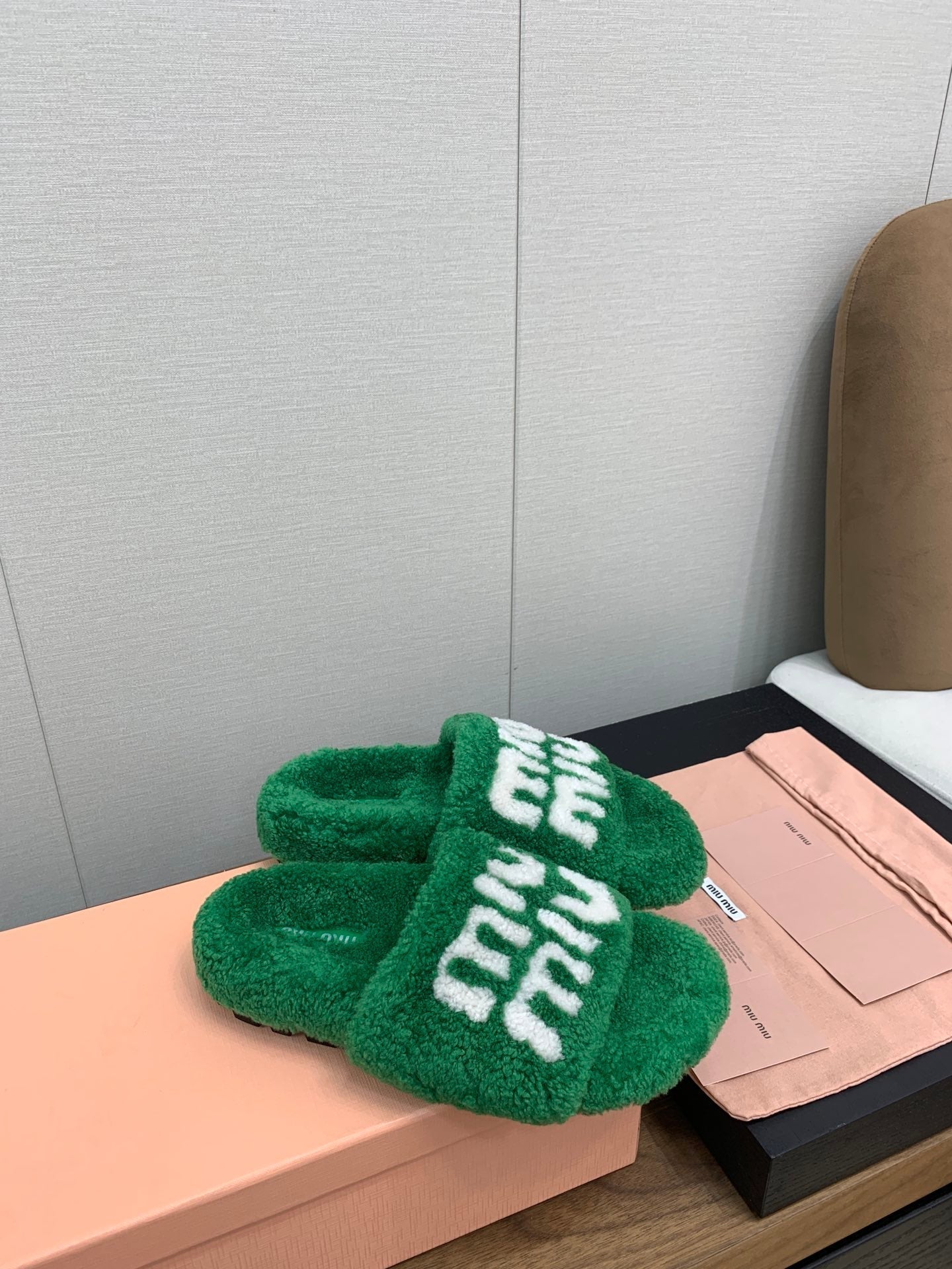 Miu slippers Green With White Lettering Pure Wool