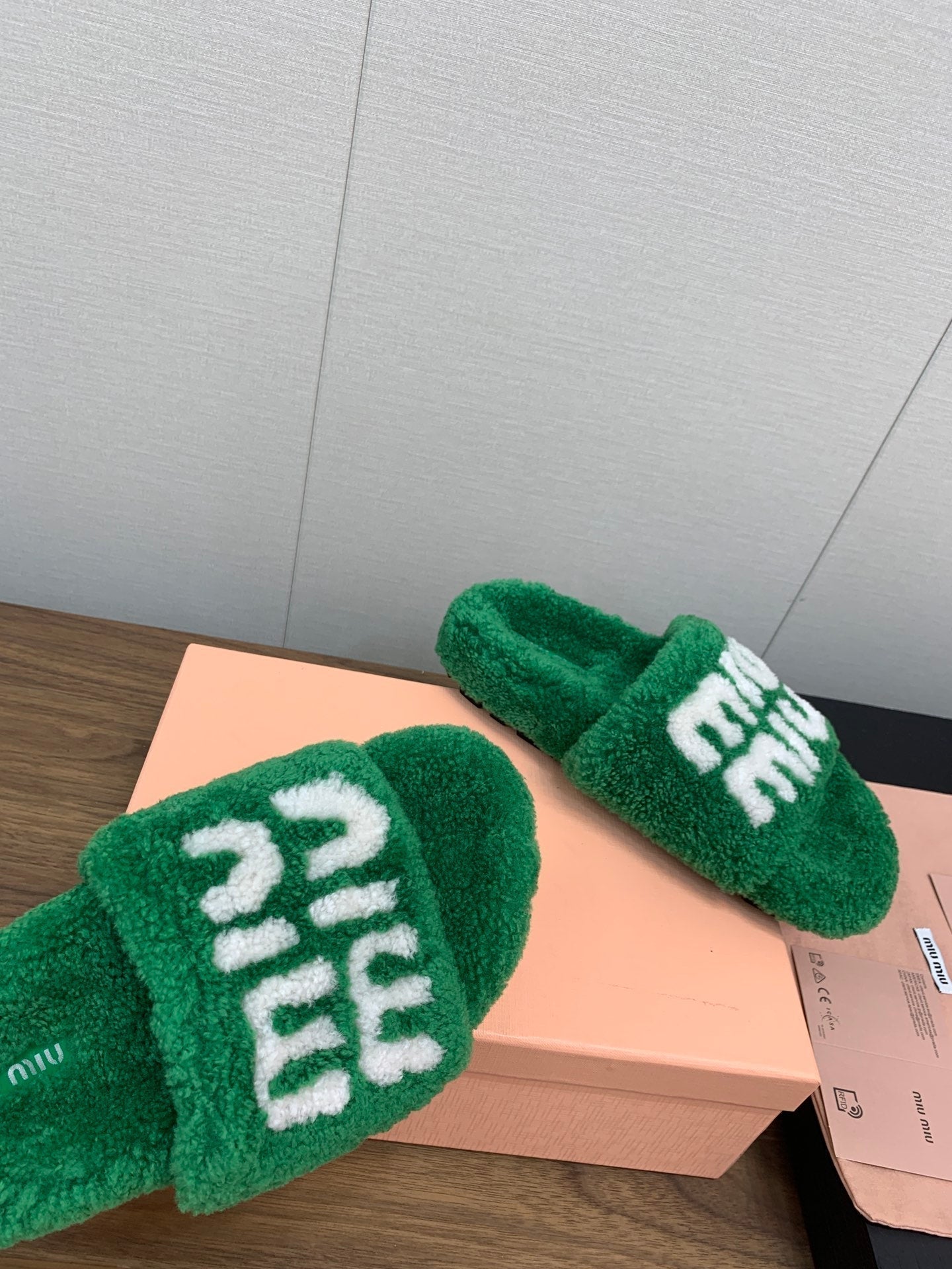Miu slippers Green With White Lettering Pure Wool