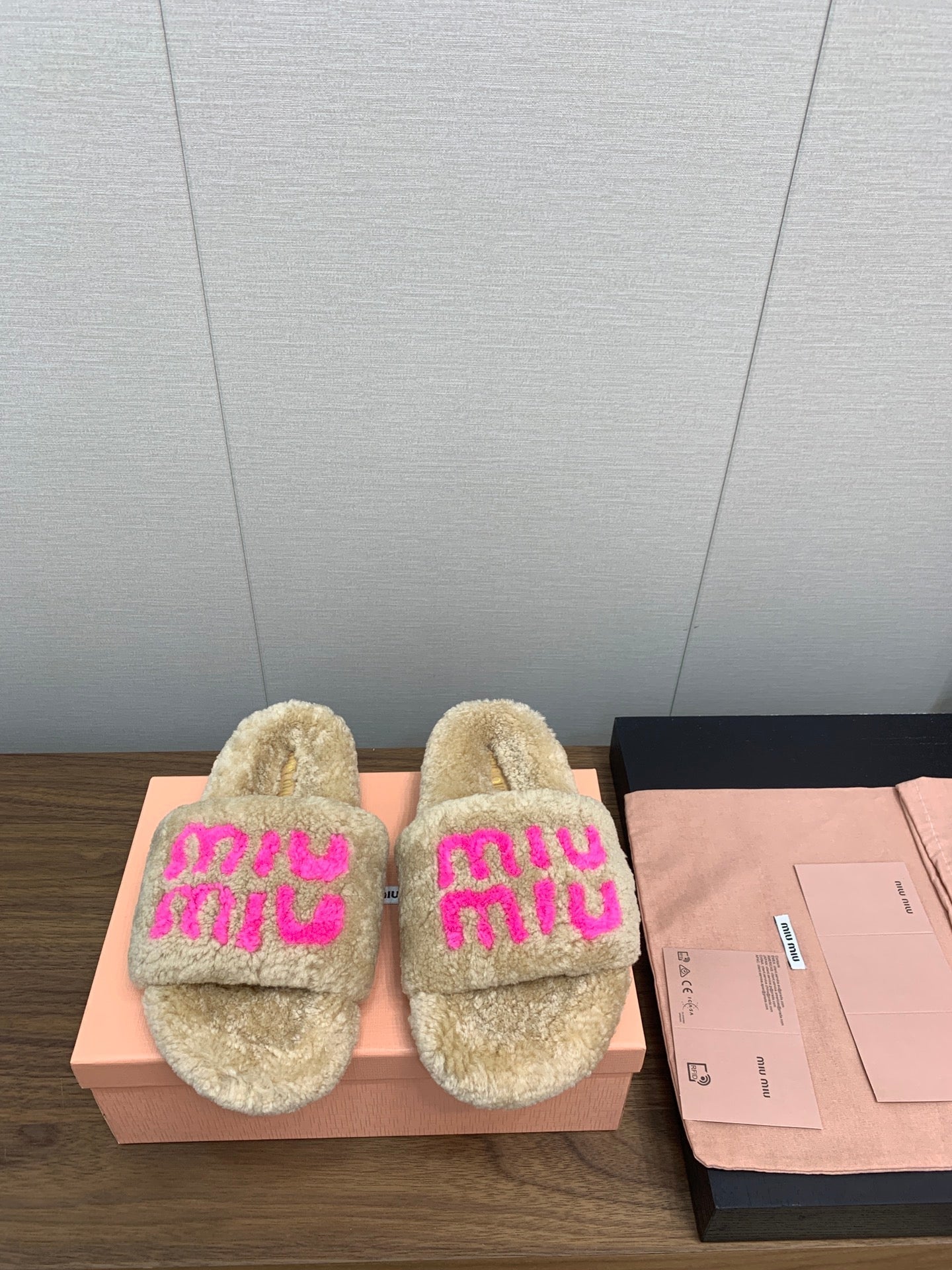 Miu slippers Light Brown With Pink Lettering Pure Wool