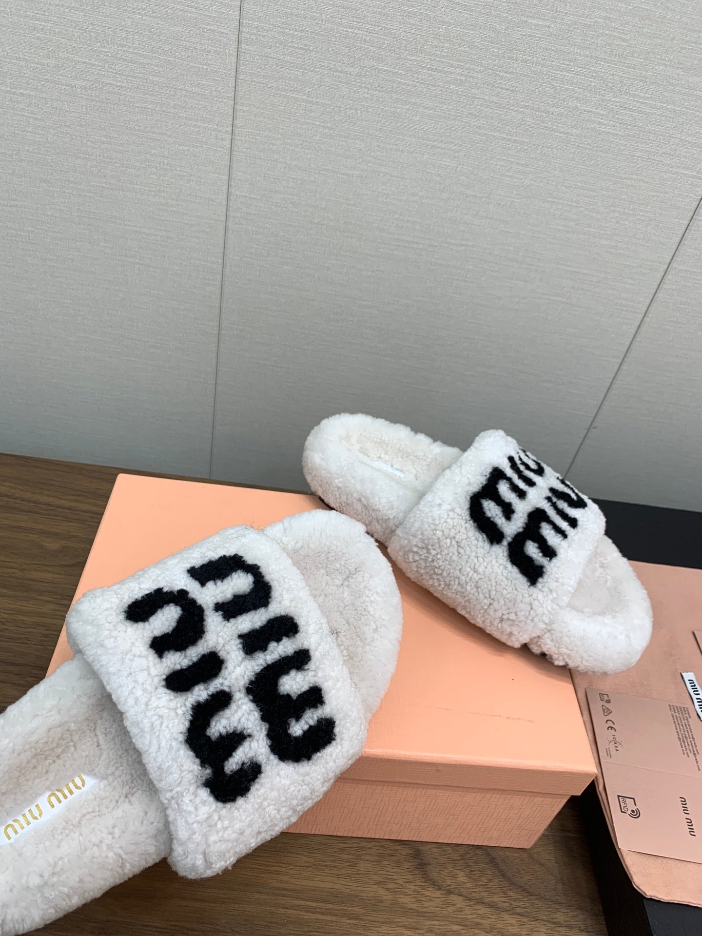 Miu slippers White With Black Text Pure Wool