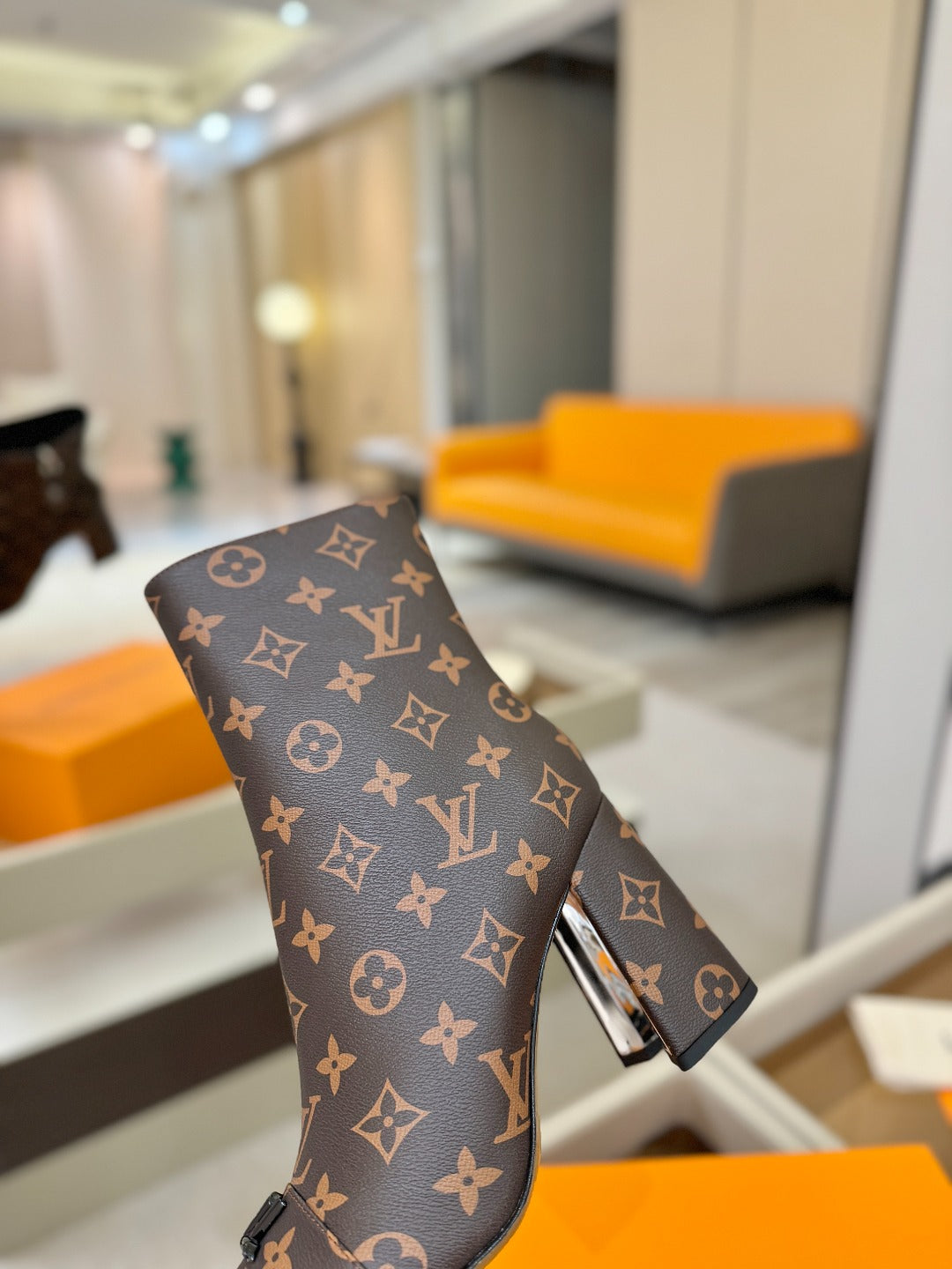 LV Ankle Boots 90 Monogram Brown Sheepskin 573714