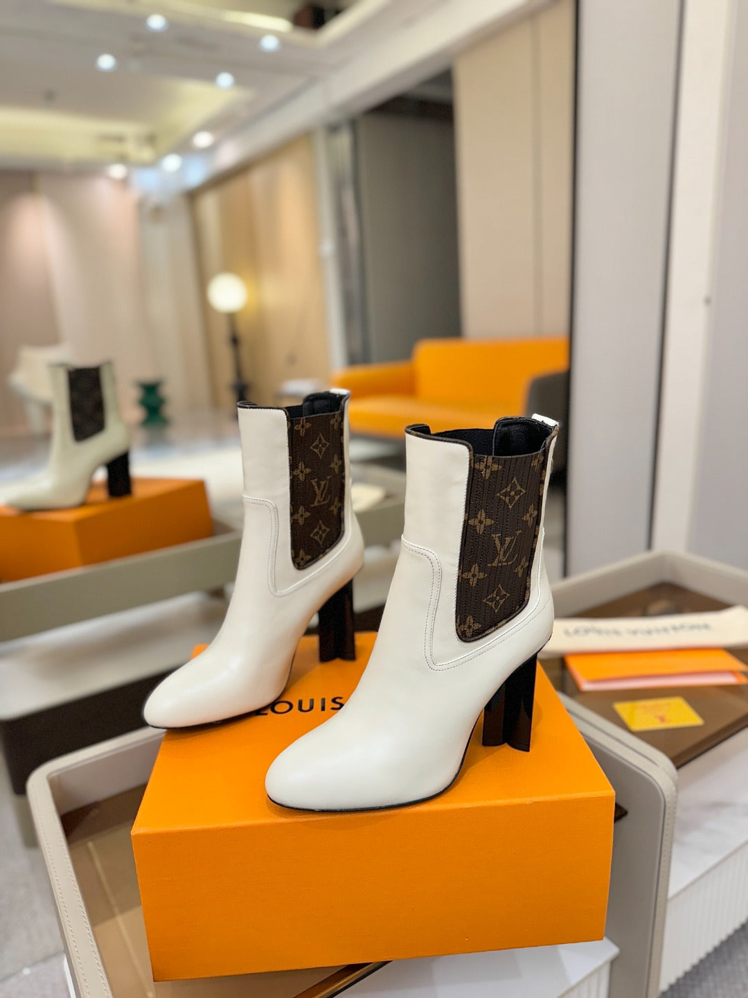 LV 25 Runway Ankle Boots 95 White Monogram Brown Calfskin 573858