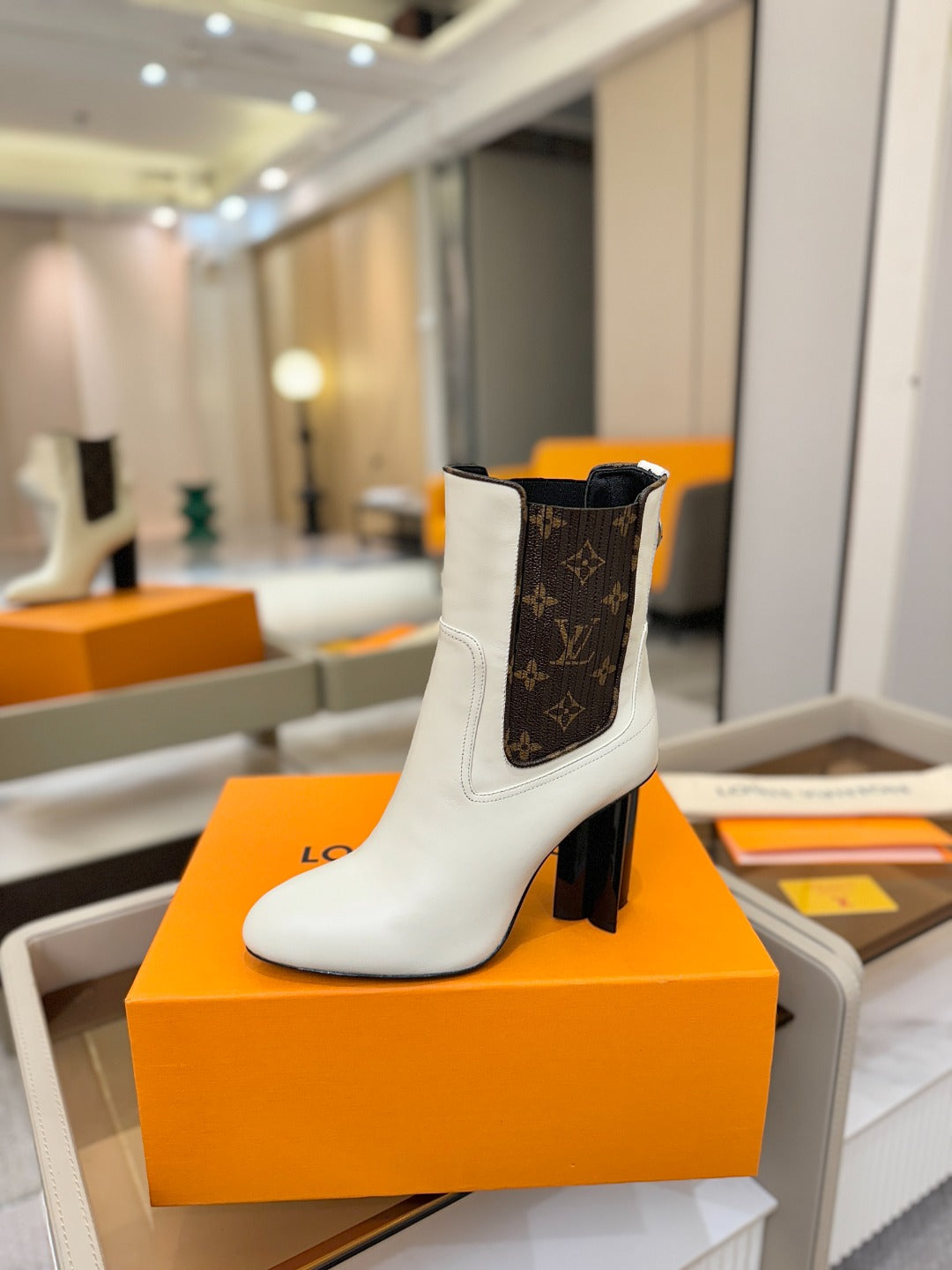 LV 25 Runway Ankle Boots 95 White Monogram Brown Calfskin 573858