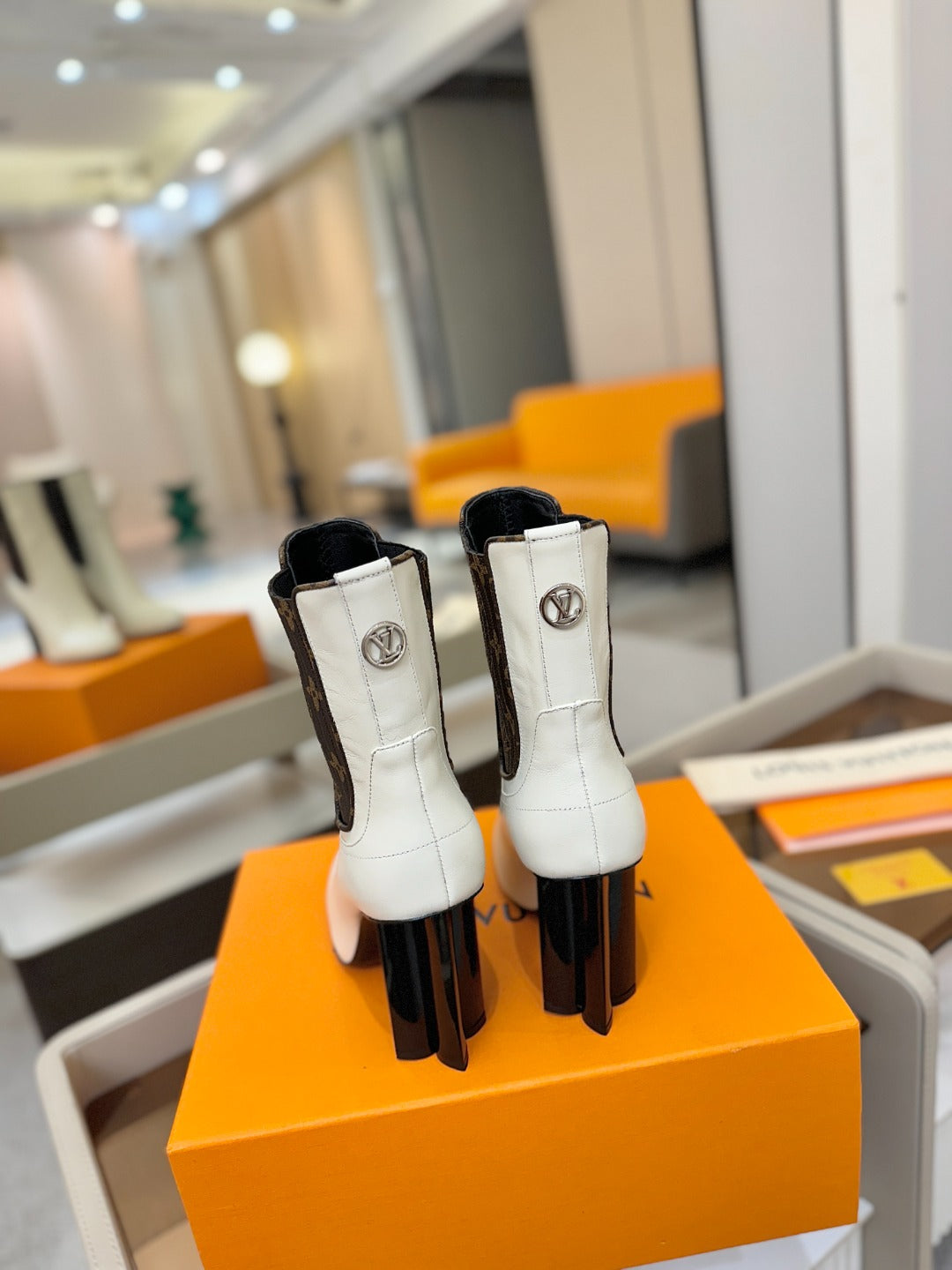 LV 25 Runway Ankle Boots 95 White Monogram Brown Calfskin 573858