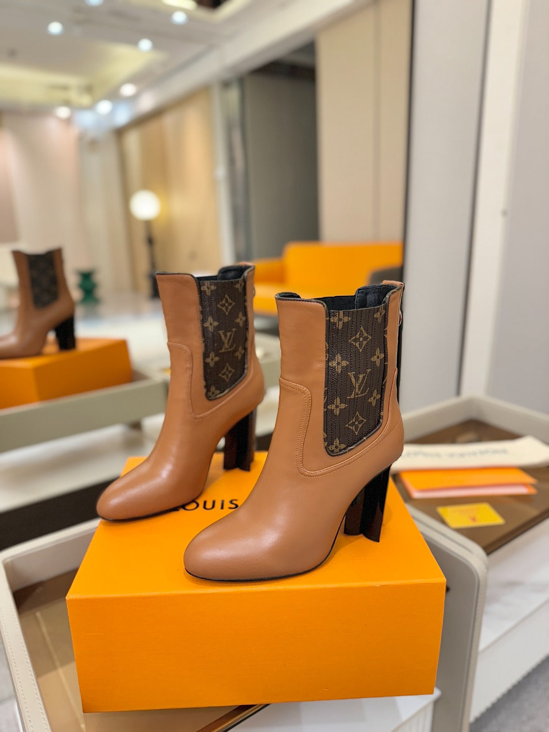 LV 25 Runway Ankle Boots 95 Tan Monogram Brown Calfskin 573860