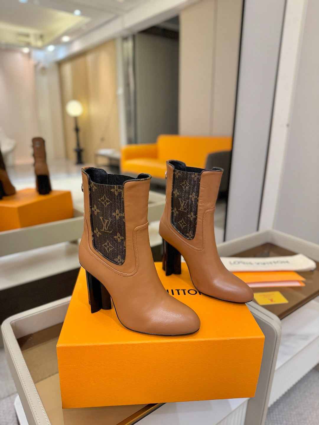 LV 25 Runway Ankle Boots 95 Tan Monogram Brown Calfskin 573860