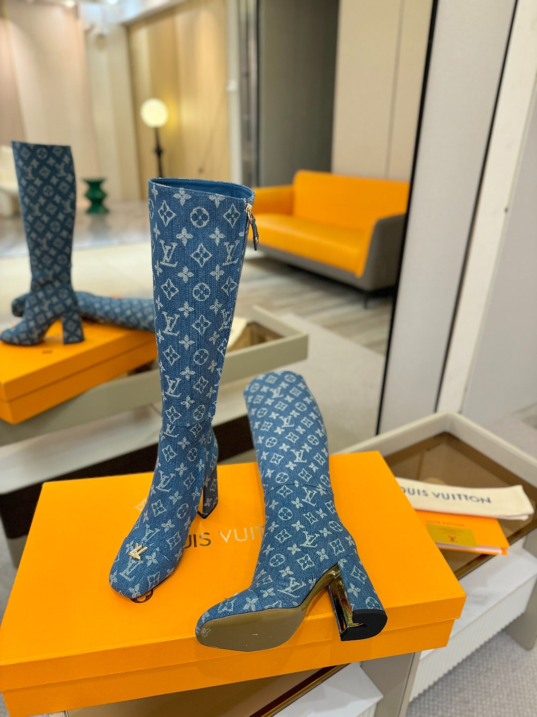 LV  High Boots 85 Monogram Blue Denim 573735