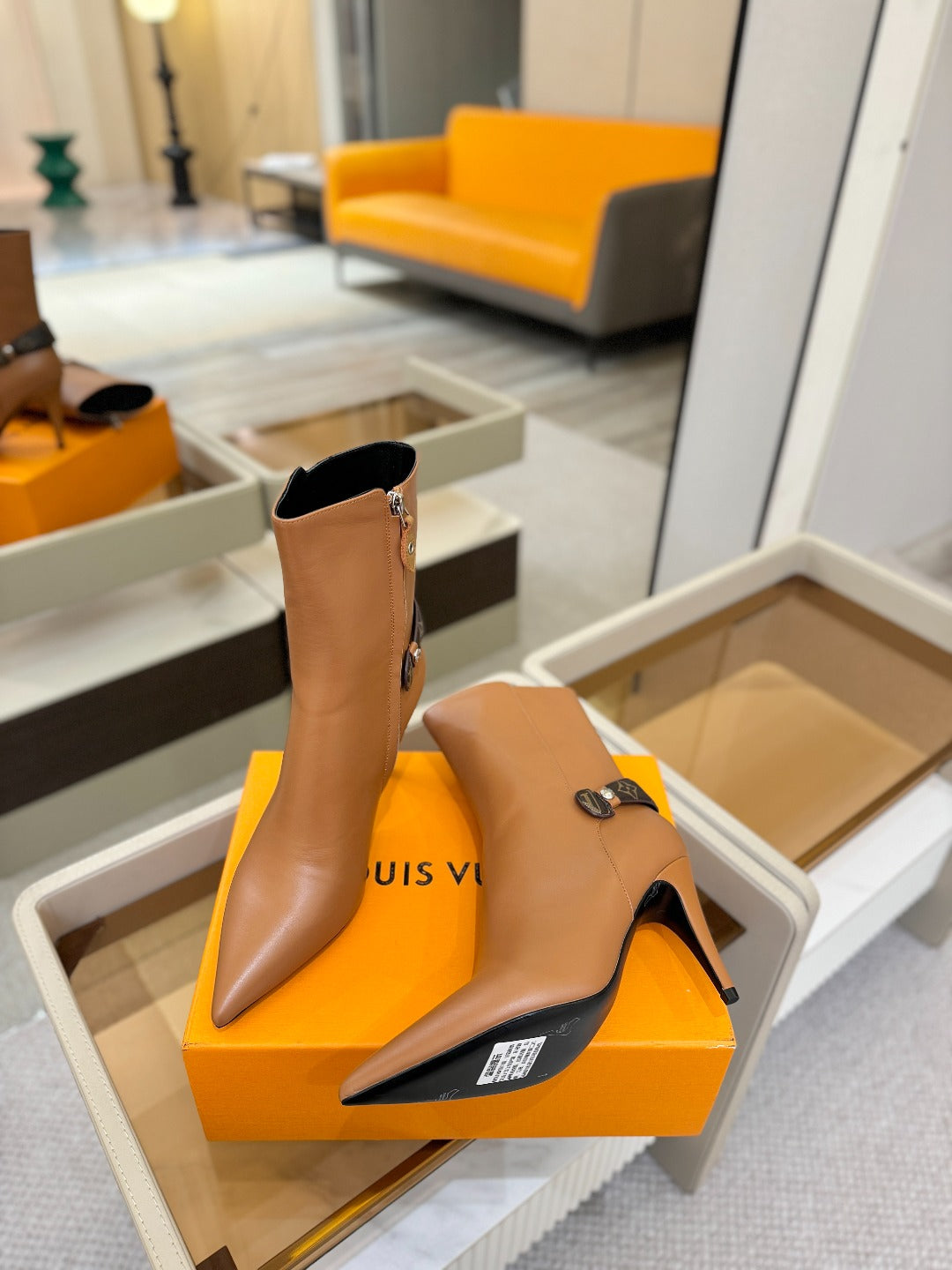 LV 25 Runway Ankle Boots 90 Camel Brown Calfskin 573865