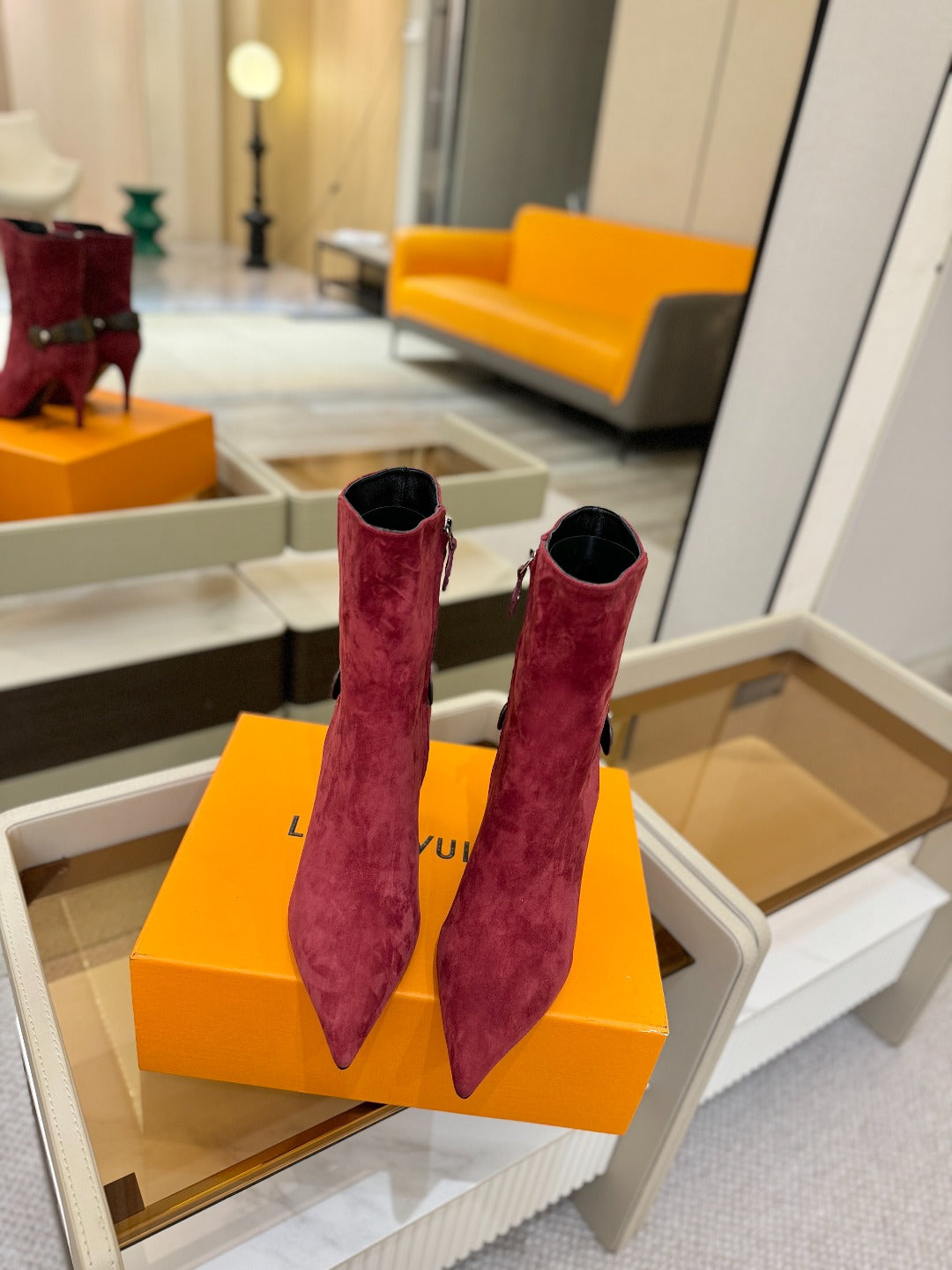 LV 25 Runway Ankle Boots 90 Wine Red Suede 573867