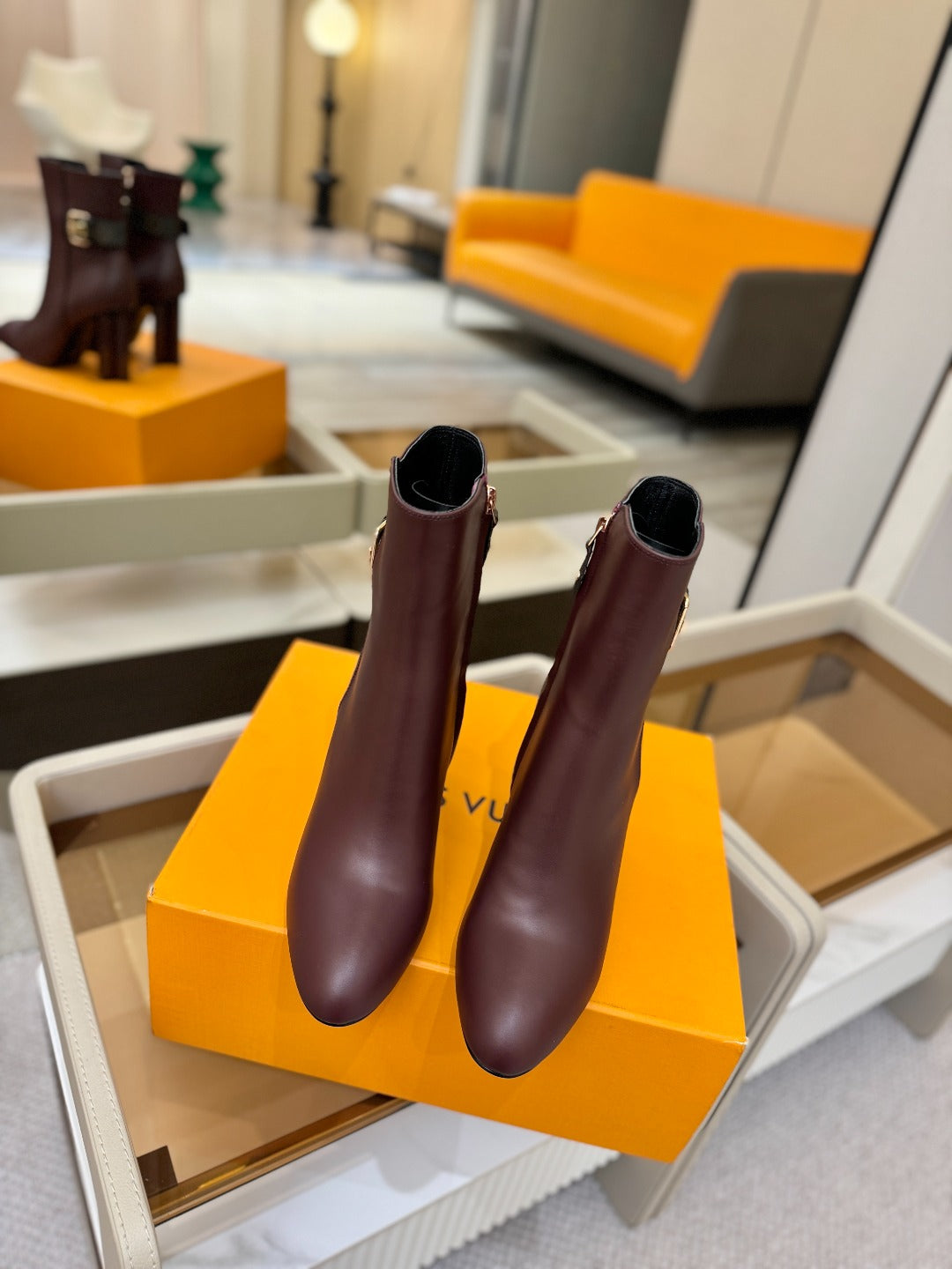 LV 25 Runway Ankle Boots 100 Dark Burgundy Calfskin Mix Belt  573868