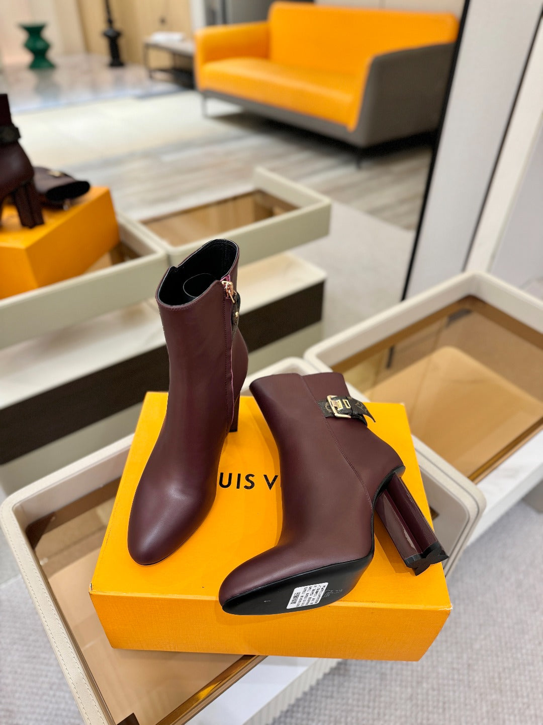 LV 25 Runway Ankle Boots 100 Dark Burgundy Calfskin Mix Belt  573868