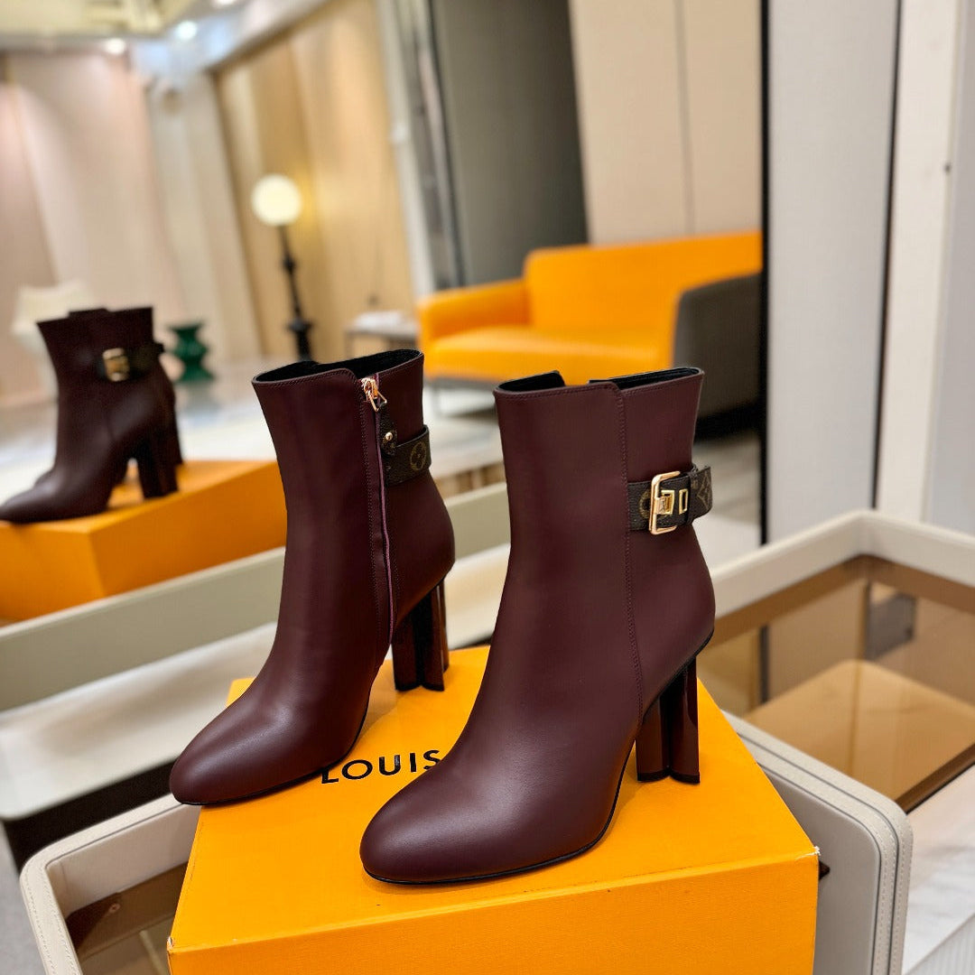 LV 25 Runway Ankle Boots 100 Dark Burgundy Calfskin Mix Belt  573868