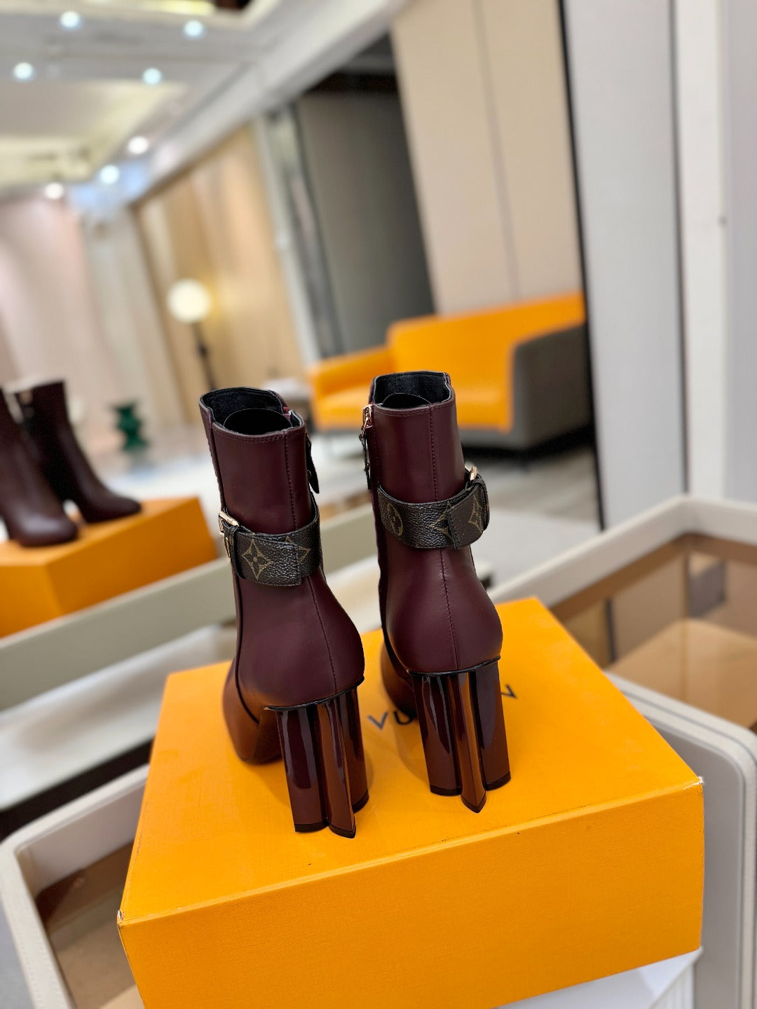 LV 25 Runway Ankle Boots 100 Dark Burgundy Calfskin Mix Belt  573868