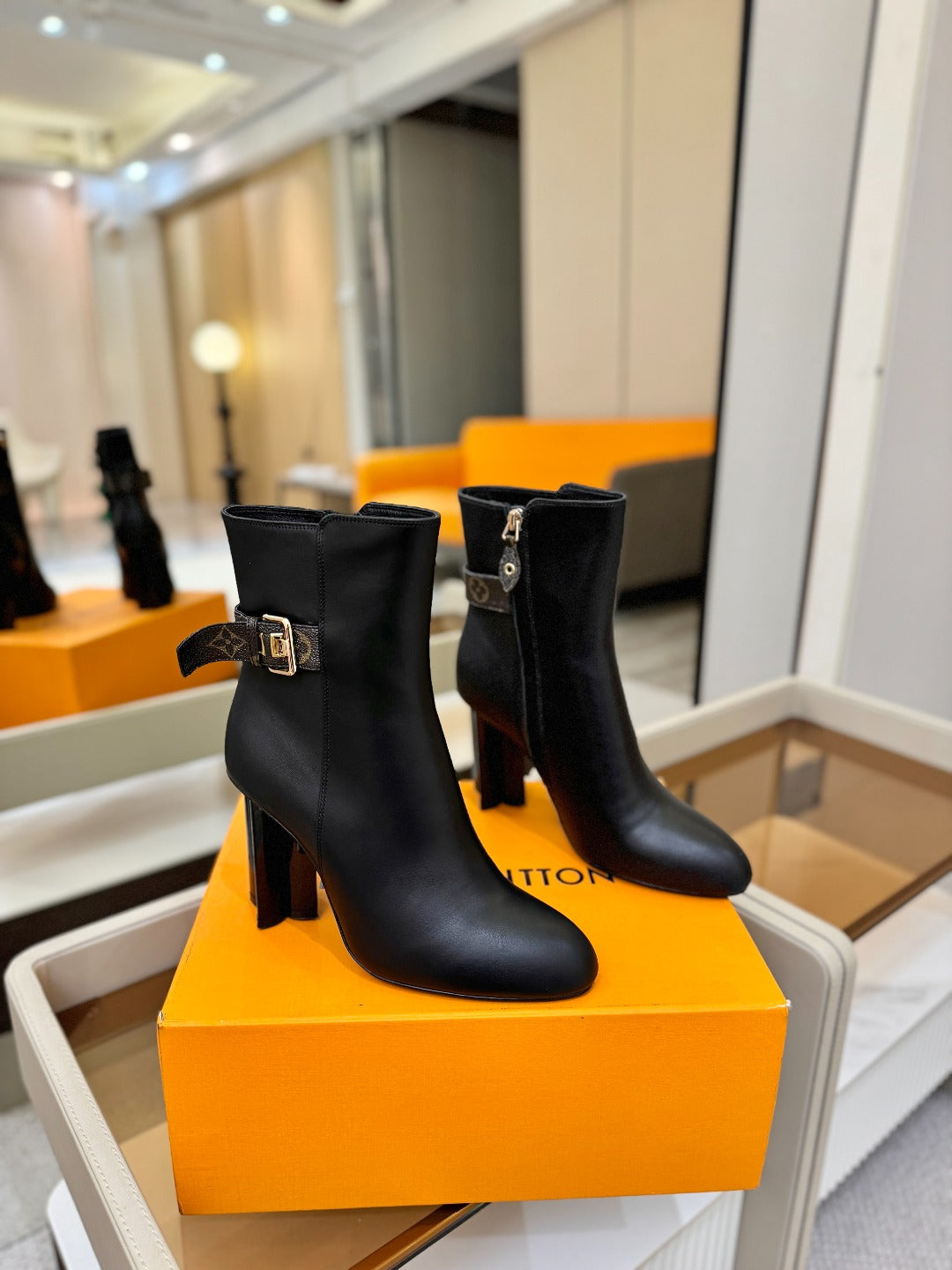 LV 25 Runway Ankle Boots 100 Black Calfskin Mix Belt  573869