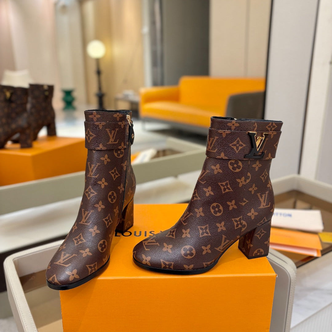 LV Ankle Boots 75 Monogram Brown Sheepskin 573729