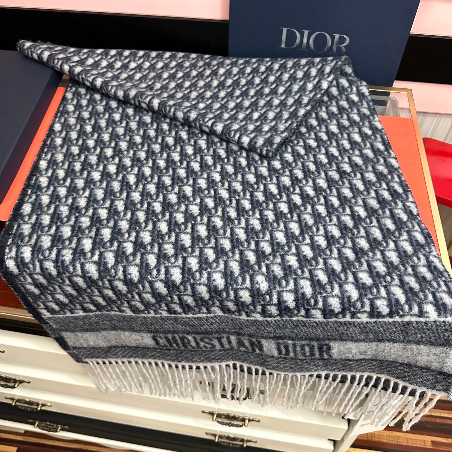 CD Oblique Print Scarf 200CM Dark Blue White Wool 292980