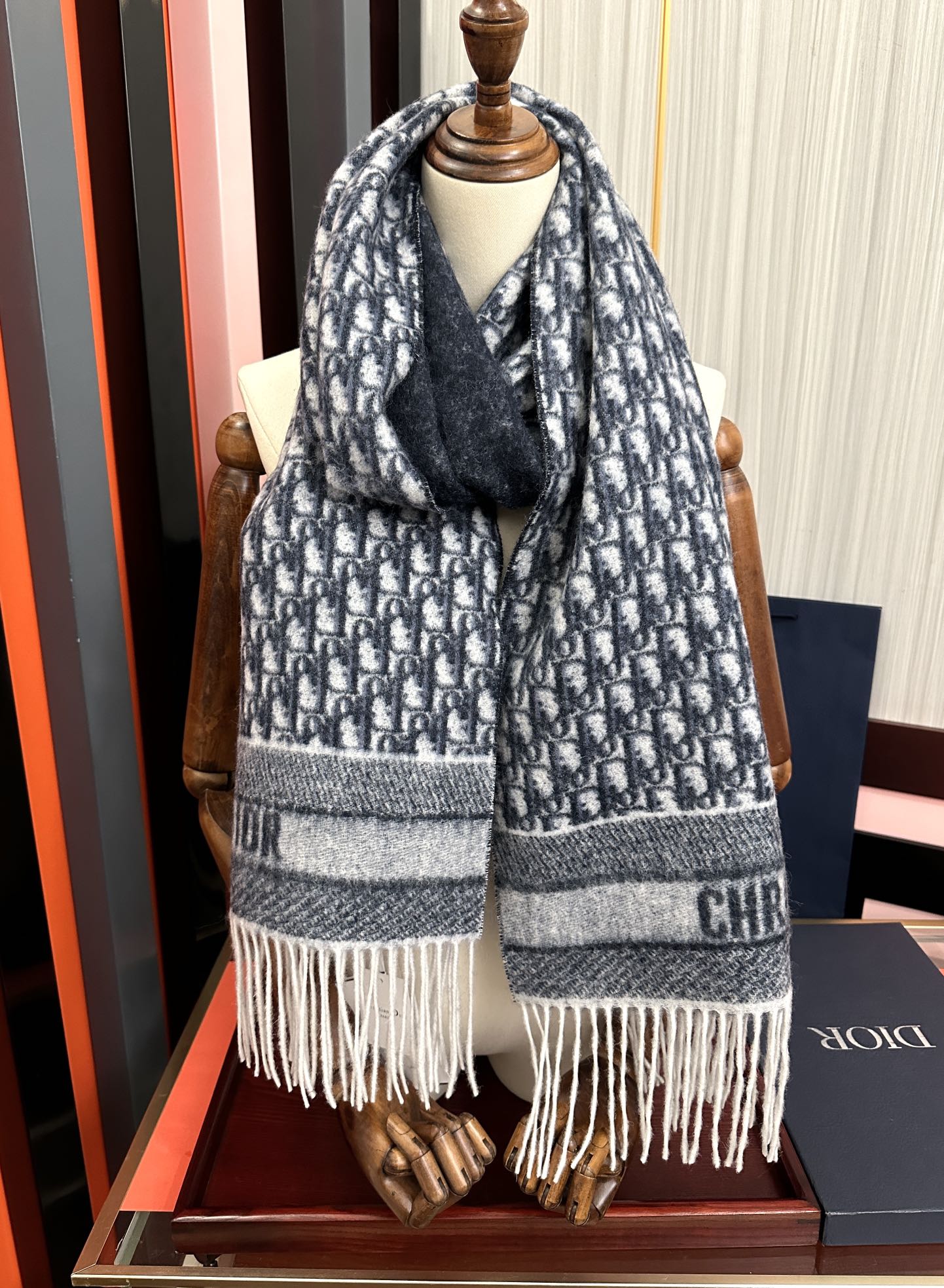 CD Oblique Print Scarf 200CM Dark Blue White Wool 292980