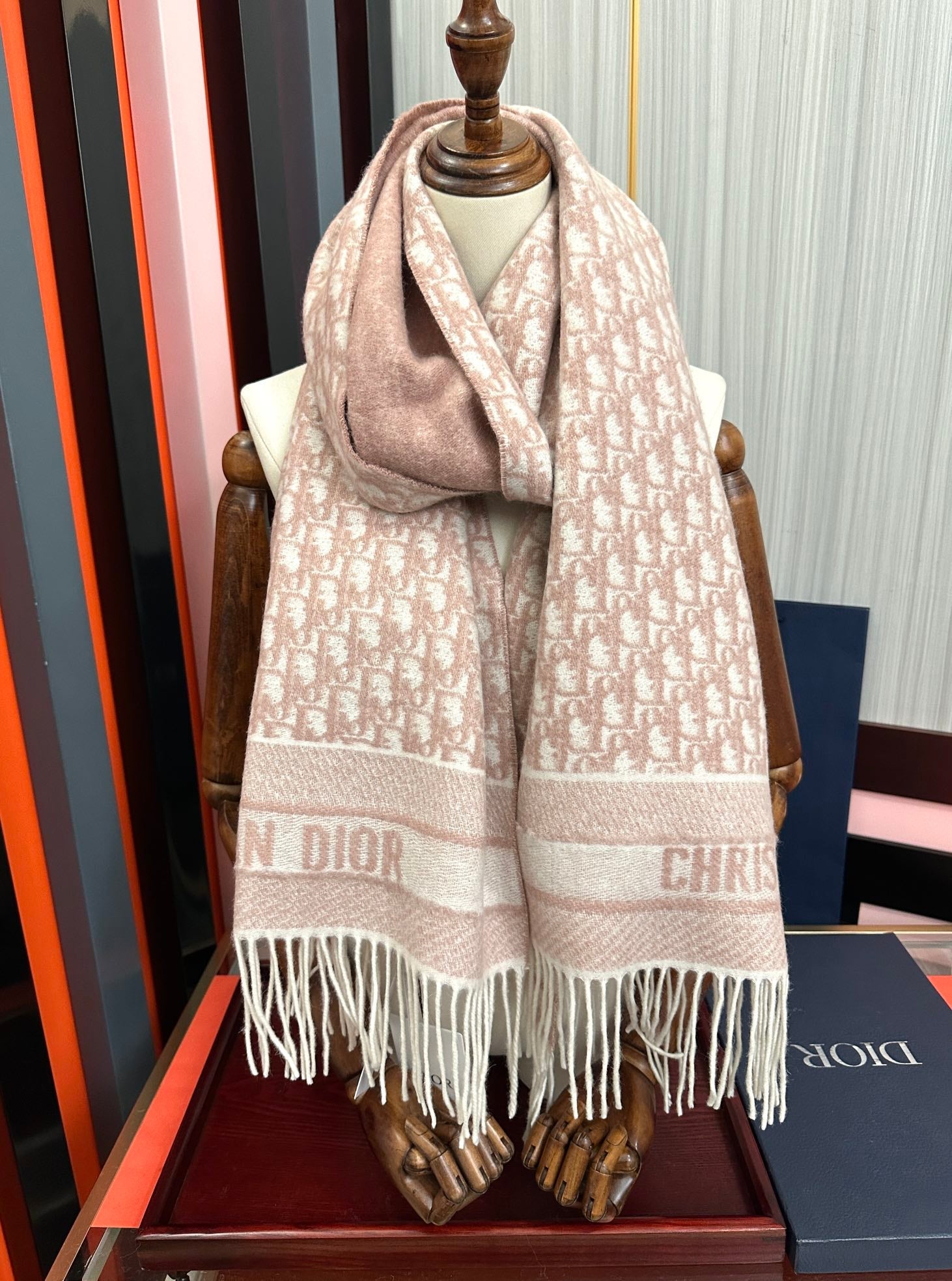 CD Oblique Print Scarf 200CM Light Pink Wool 292982