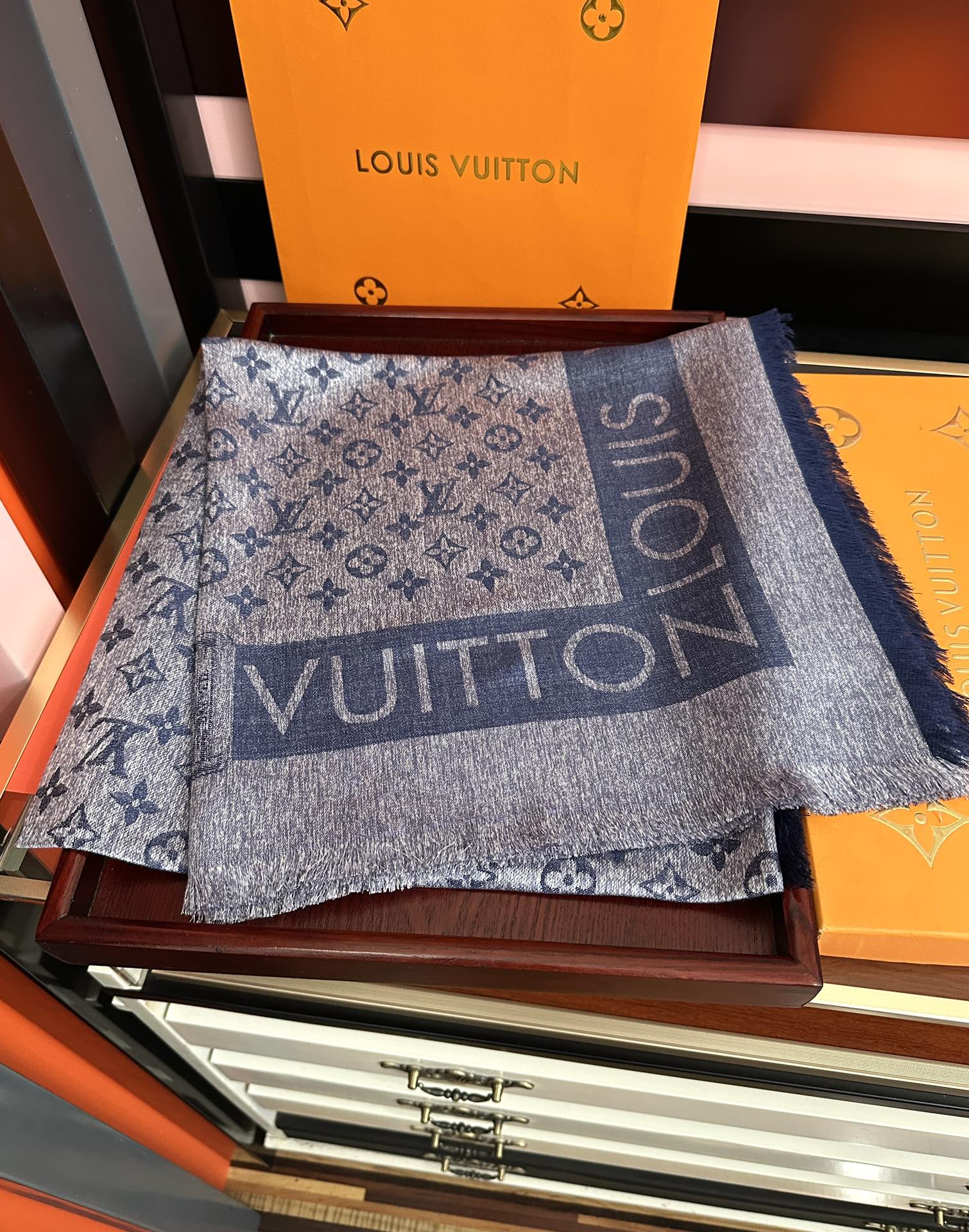 LV  Long Scarf 140cm Navy Blue Cashmere 967311