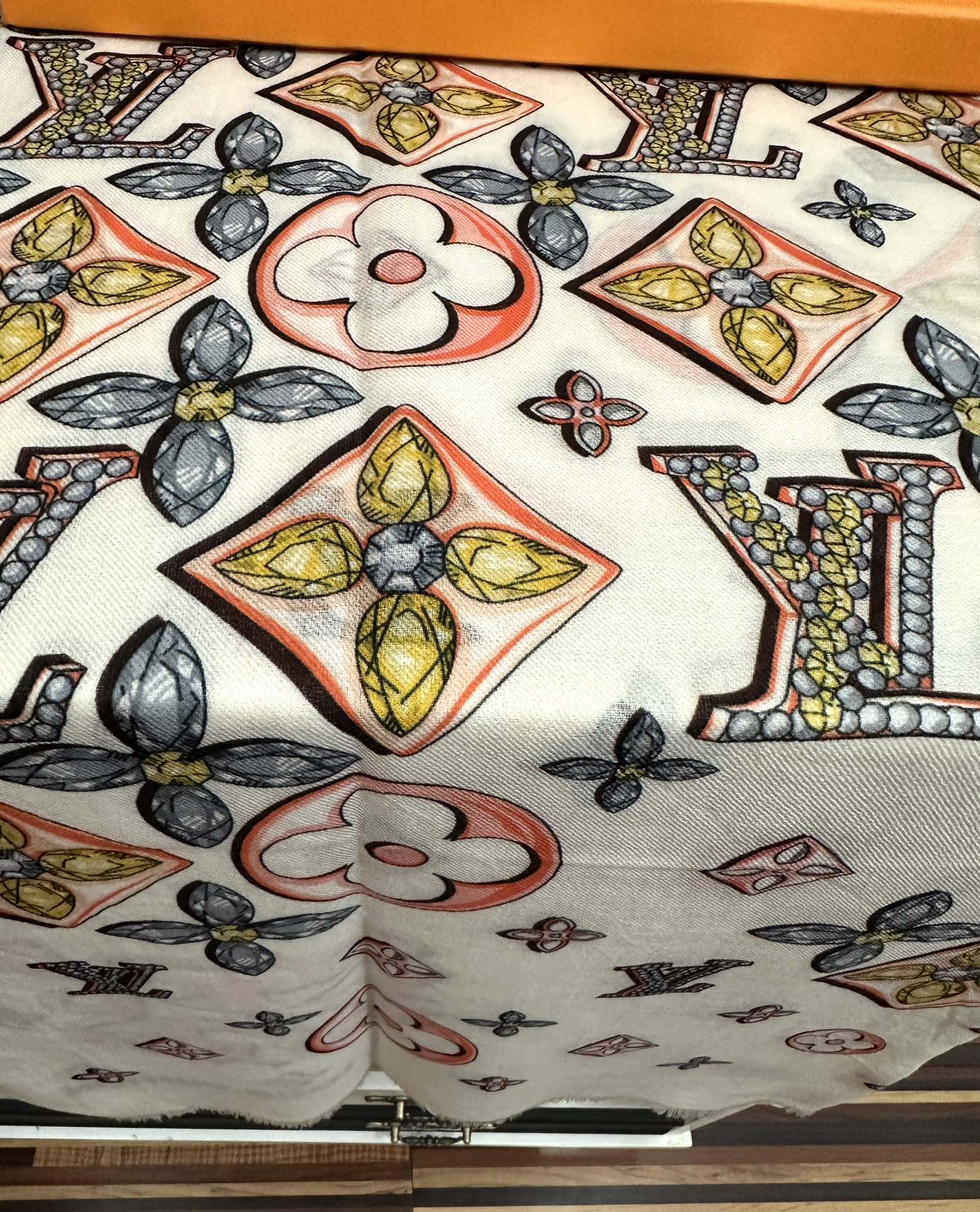 LV  Long Scarf 200cm White Pink Yellow Cashmere 967317