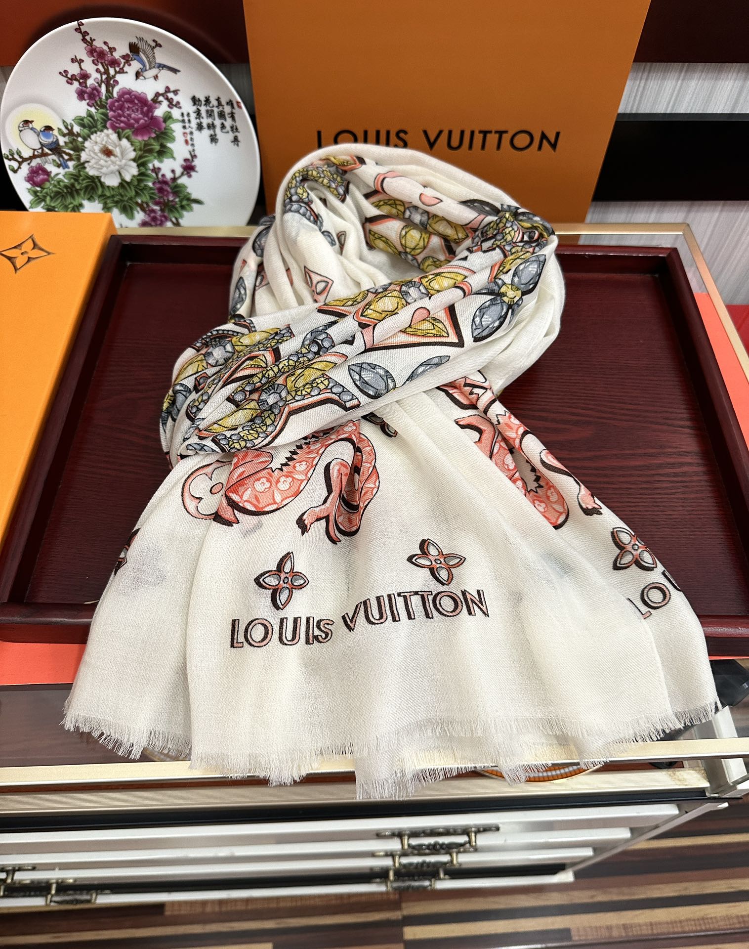 LV  Long Scarf 200cm White Pink Yellow Cashmere 967317