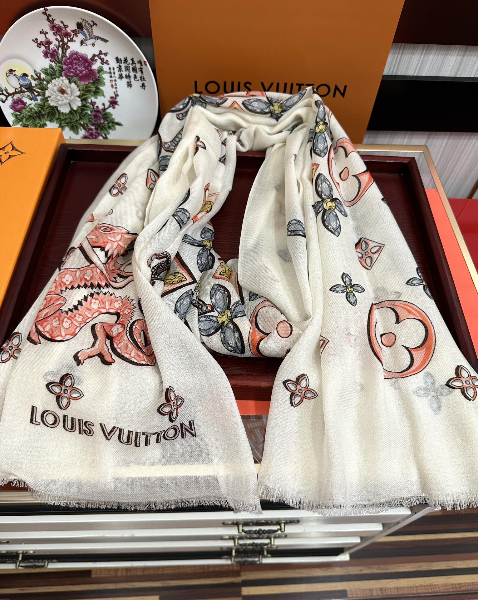 LV  Long Scarf 200cm White Pink Yellow Cashmere 967317