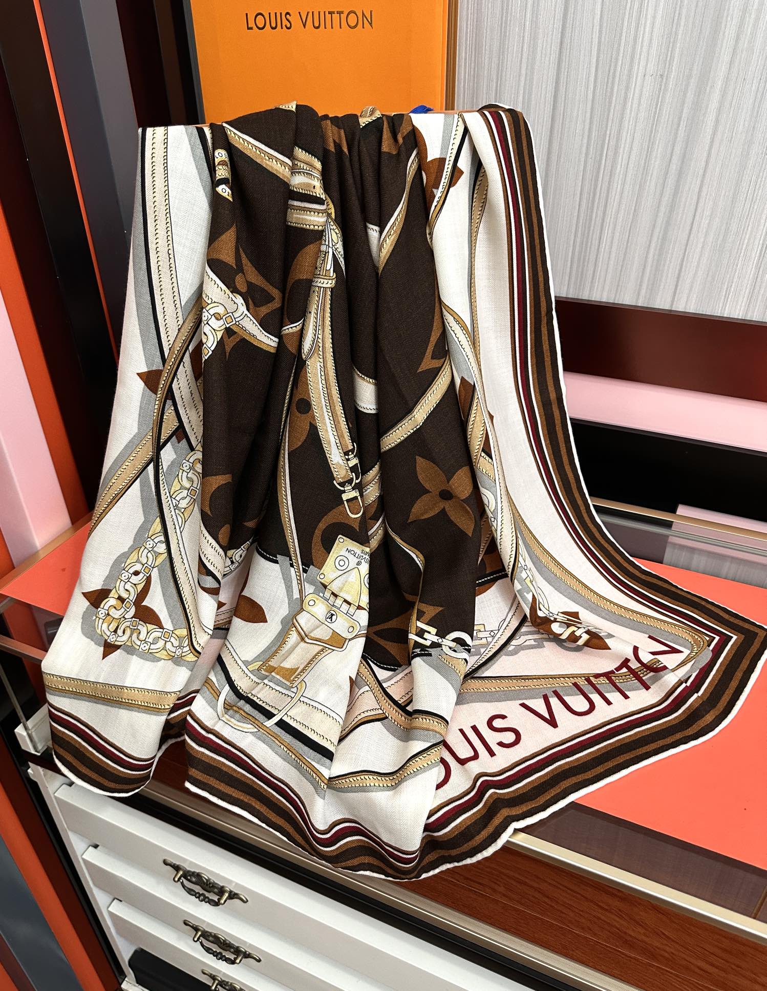 LV Scarf 140cm White Brown Beige Silk Cashmere 968684