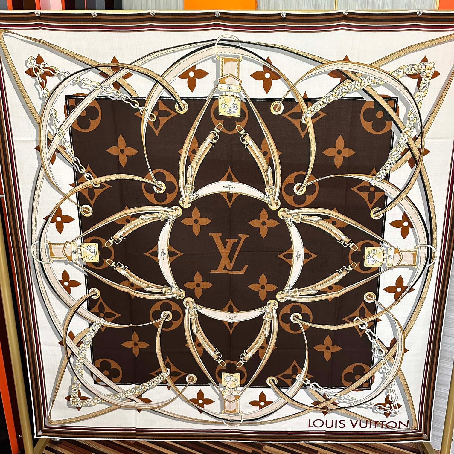 LV Scarf 140cm White Brown Beige Silk Cashmere 968684