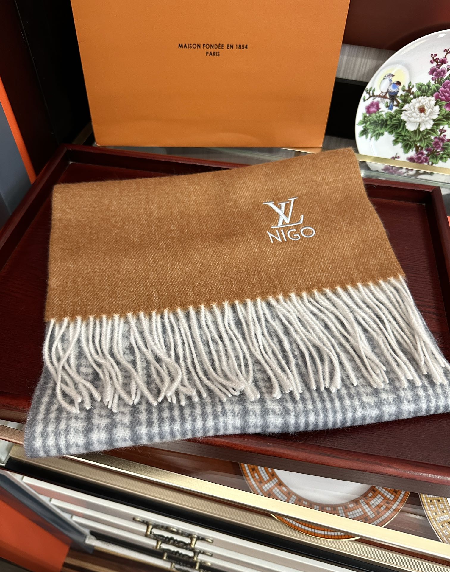 LV Double-Sided Shawl Scarf 200cm Black Brown Cashmere 968695