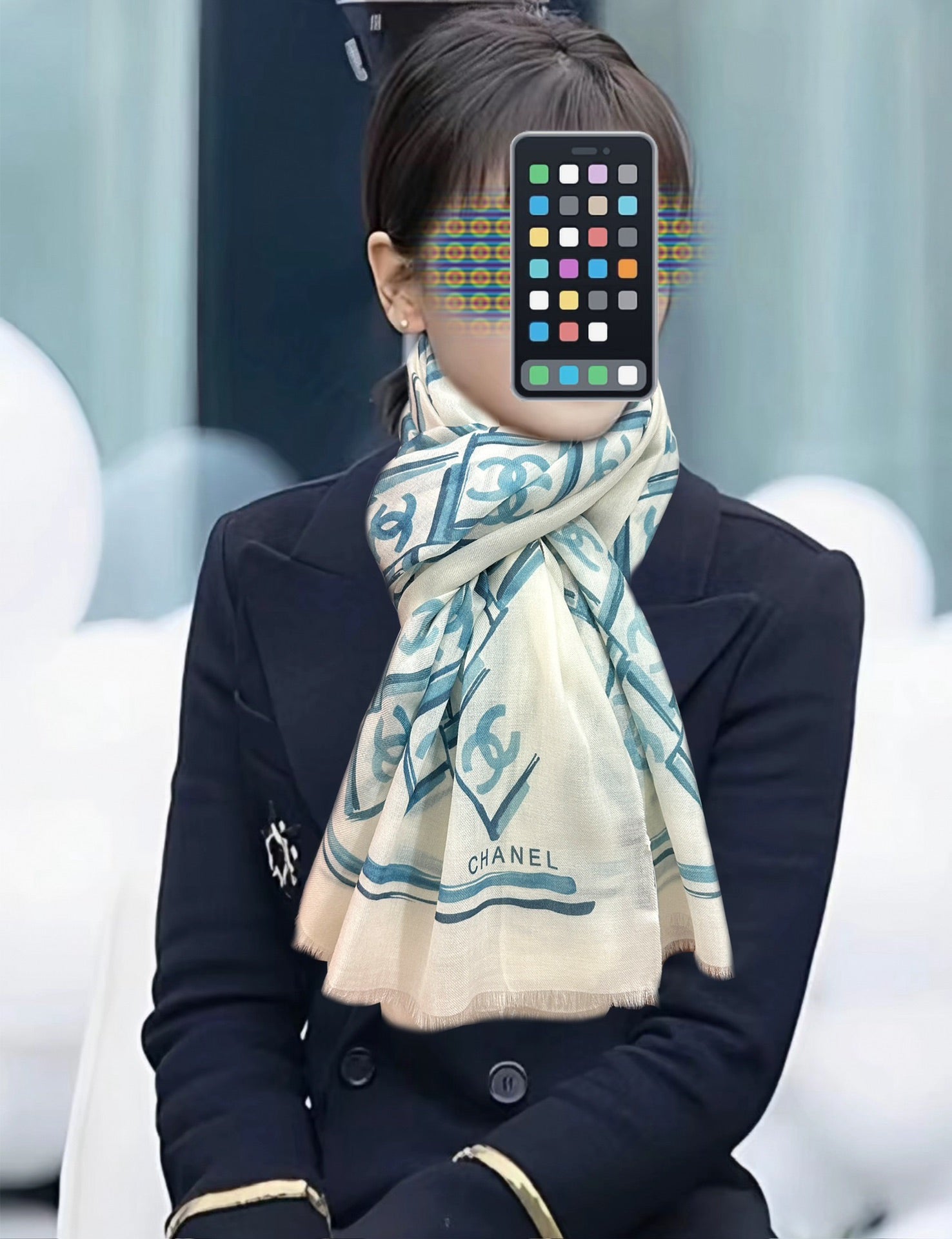 LV Latest Style Scarf 200cm White Blue Cashmere 970872