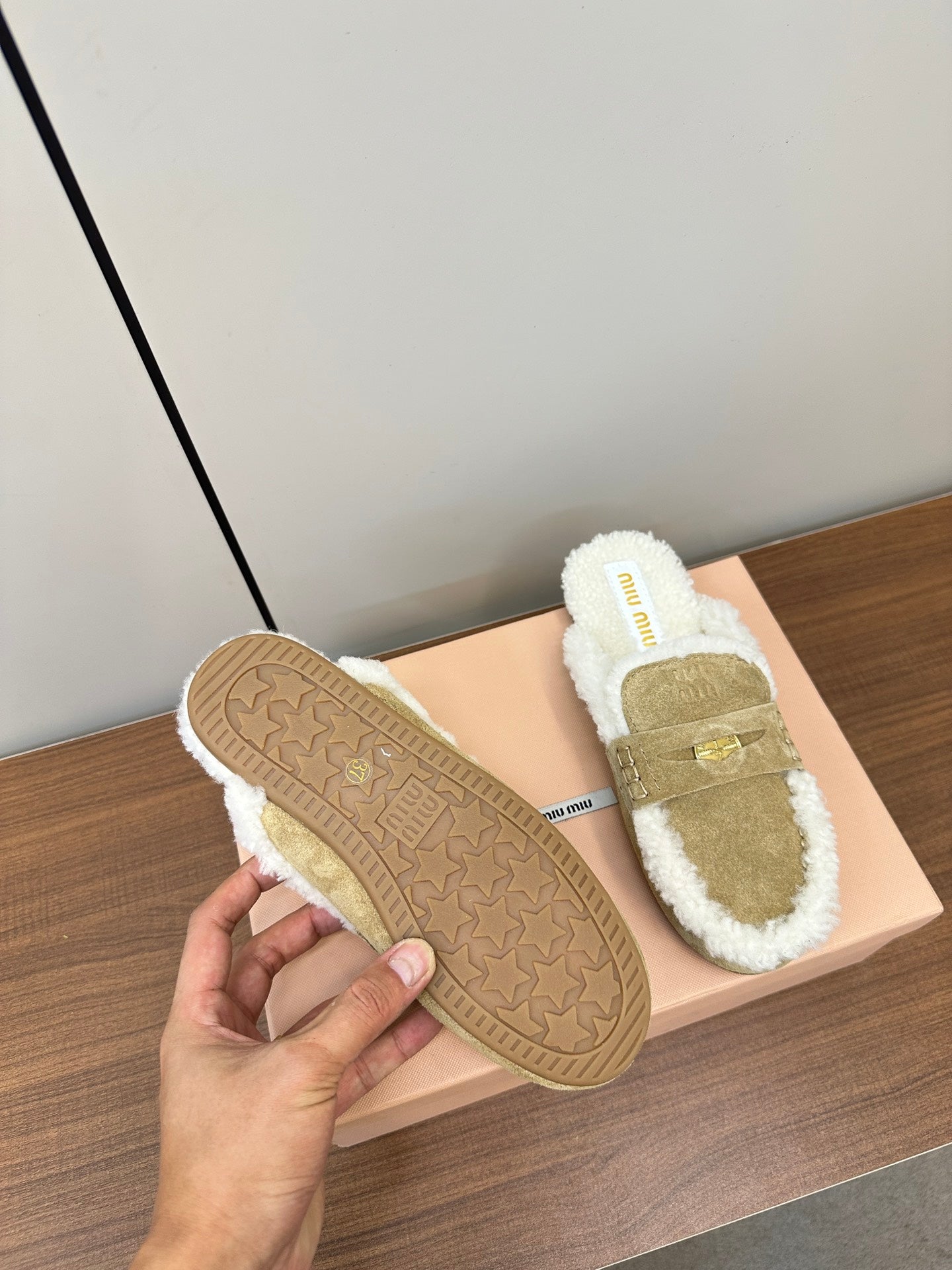 Miu Mule Half Fur Light Brown Suede