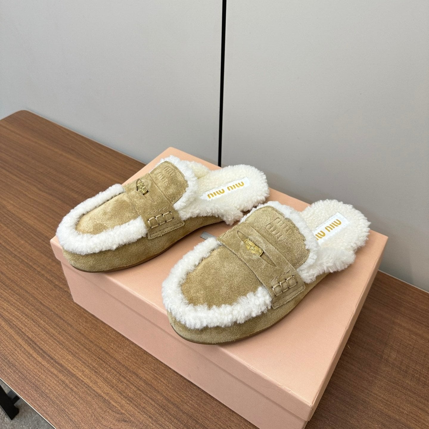 Miu Mule Half Fur Light Brown Suede