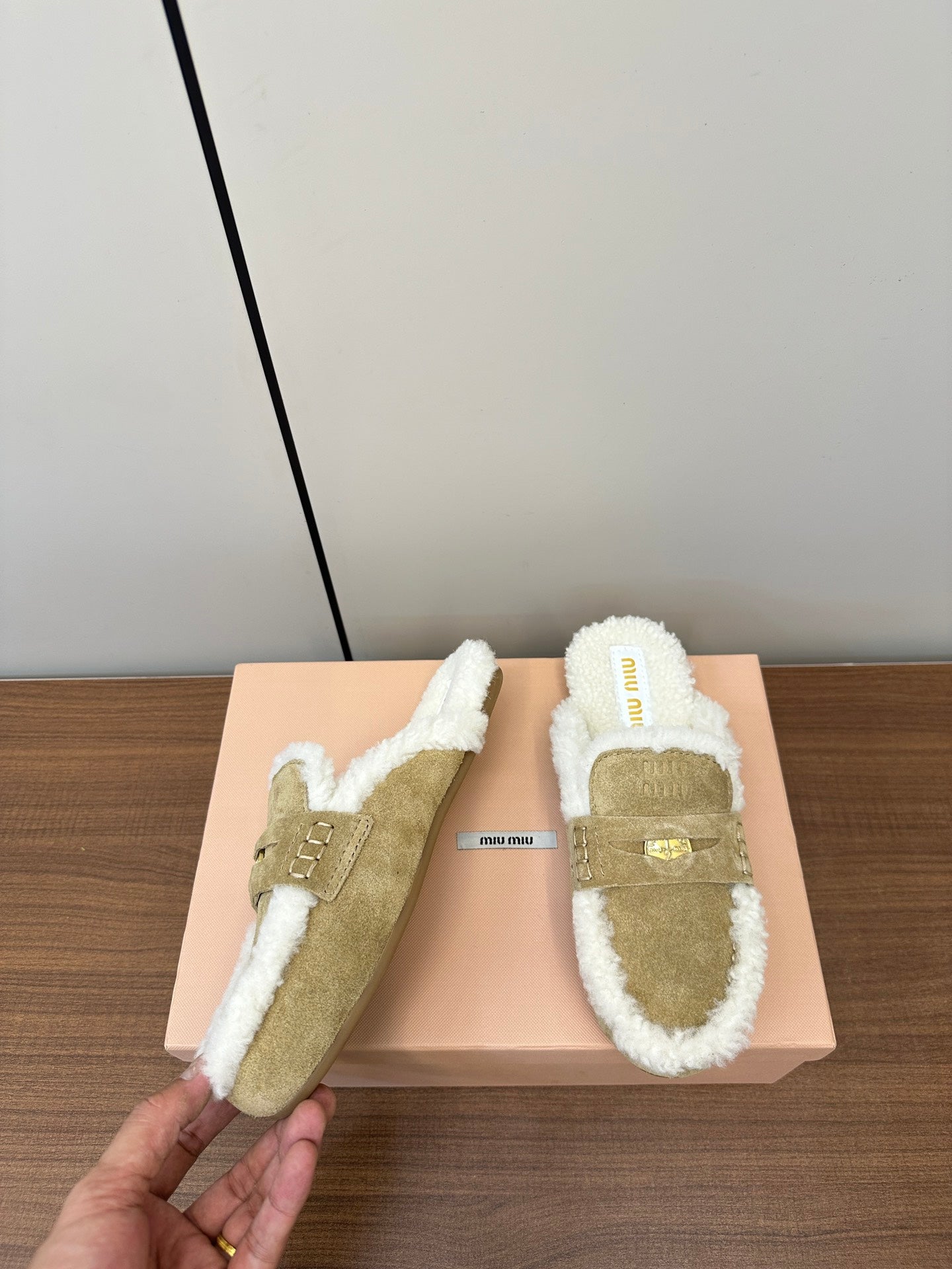 Miu Mule Half Fur Light Brown Suede