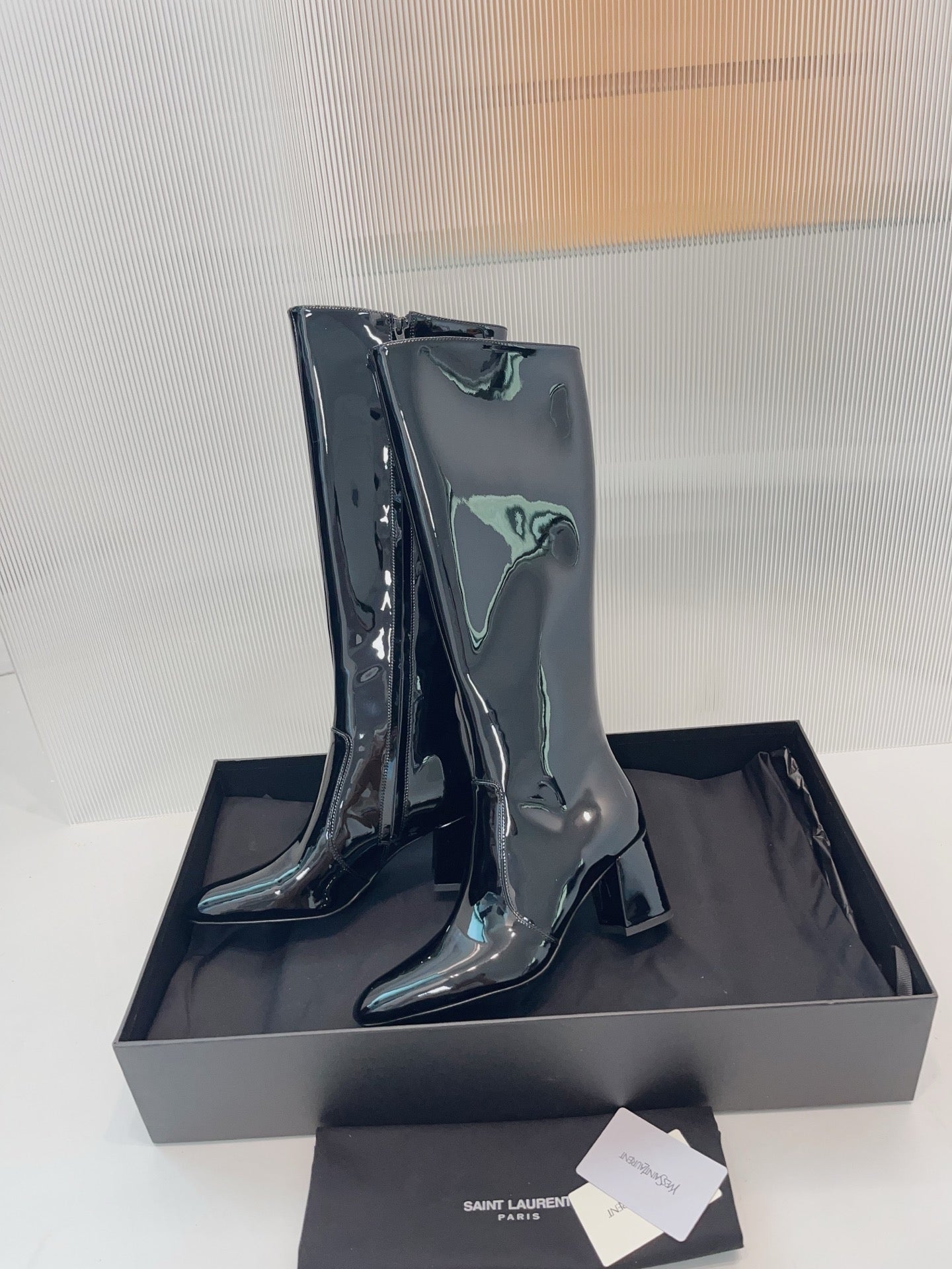 YSL 25 High Heeled Long Boot Black Patent Leather 522261