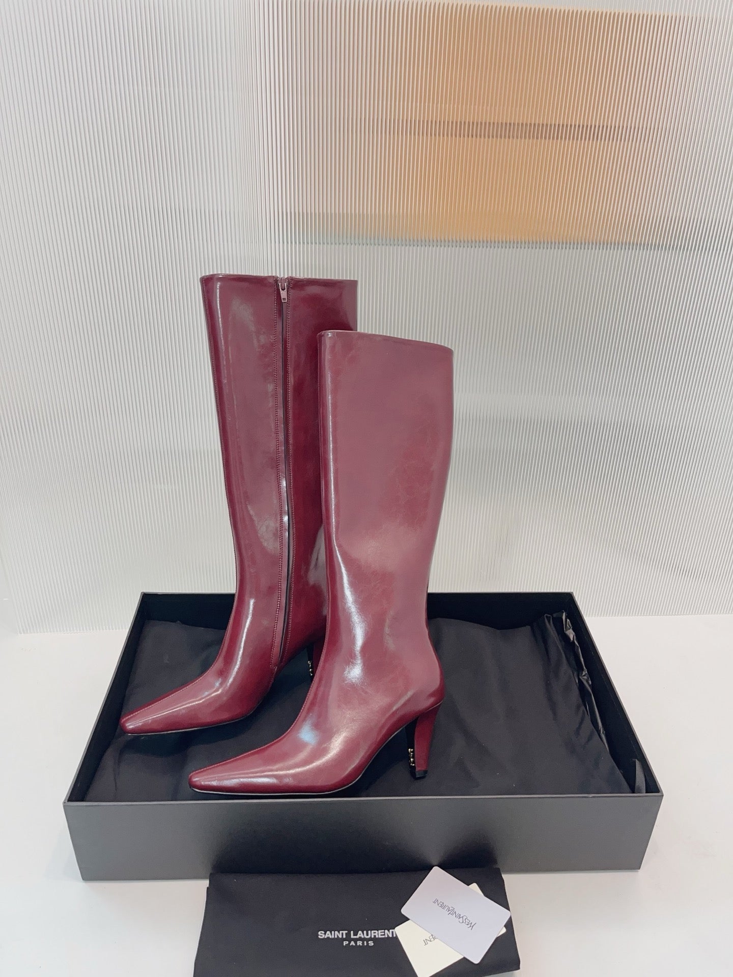 YSL 25 High Heeled Long Boot Burgundy Cowhide 522262